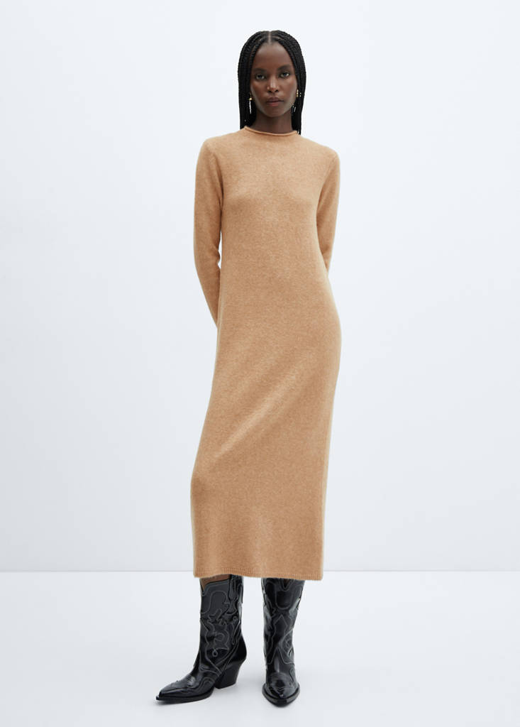 Perkins-neck knitted dress — Medium Brown