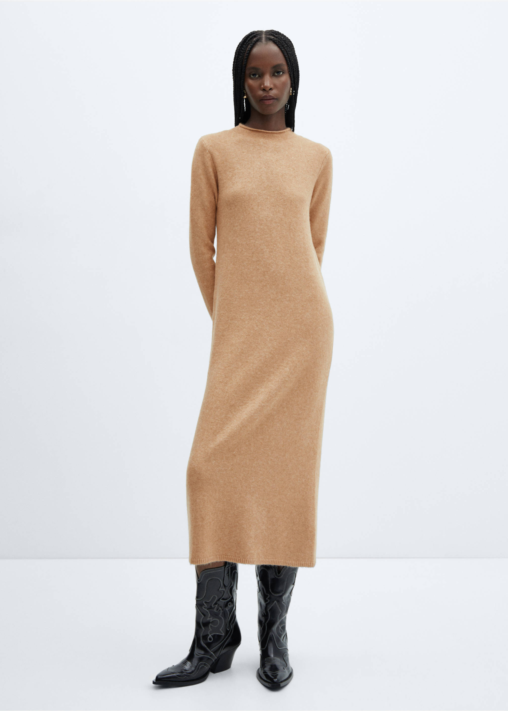 Perkins-neck knitted dress - General plane, Medium Brown. Ref: 57047726-00.