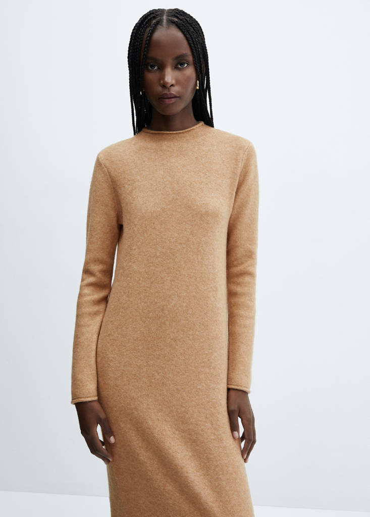 Perkins-neck knitted dress — Medium Brown