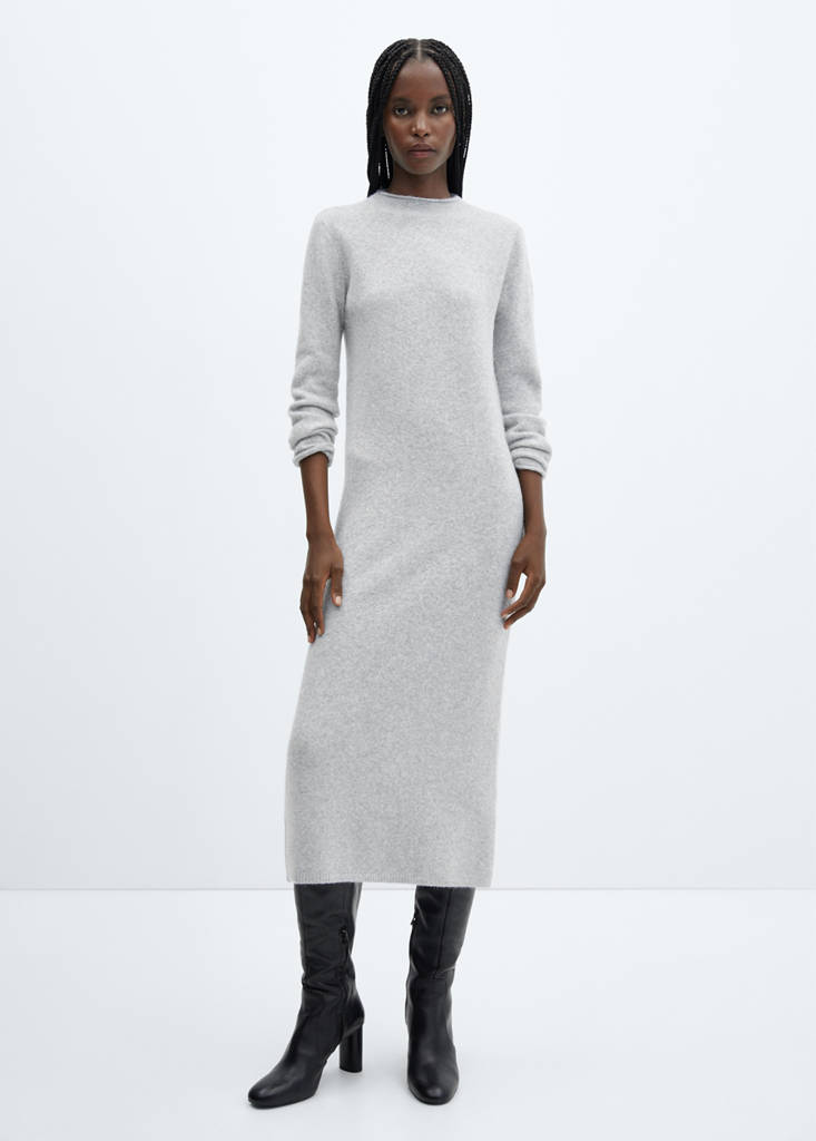 Perkins-neck knitted dress — Light Heather Grey