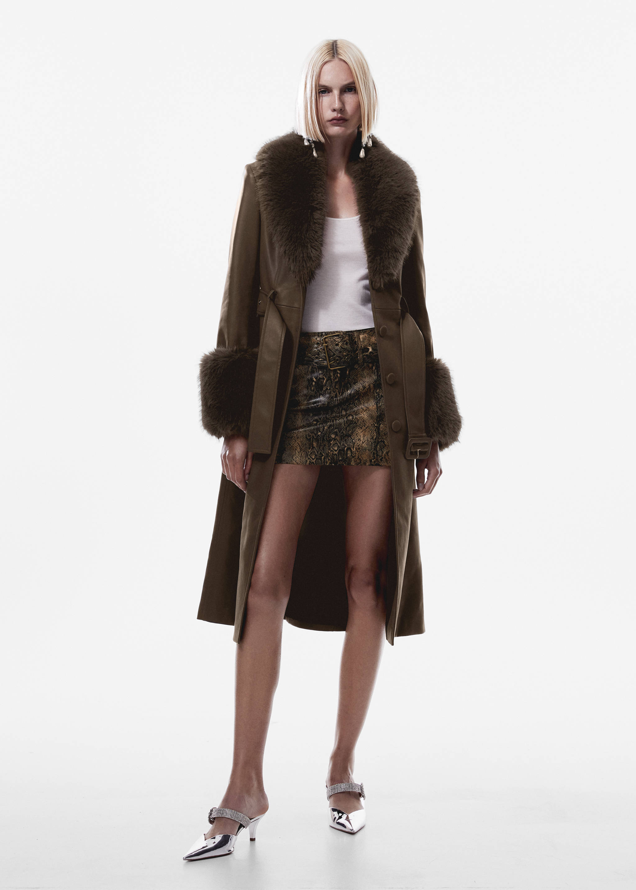 Faux-leather coat with fur-effect trim - General plane