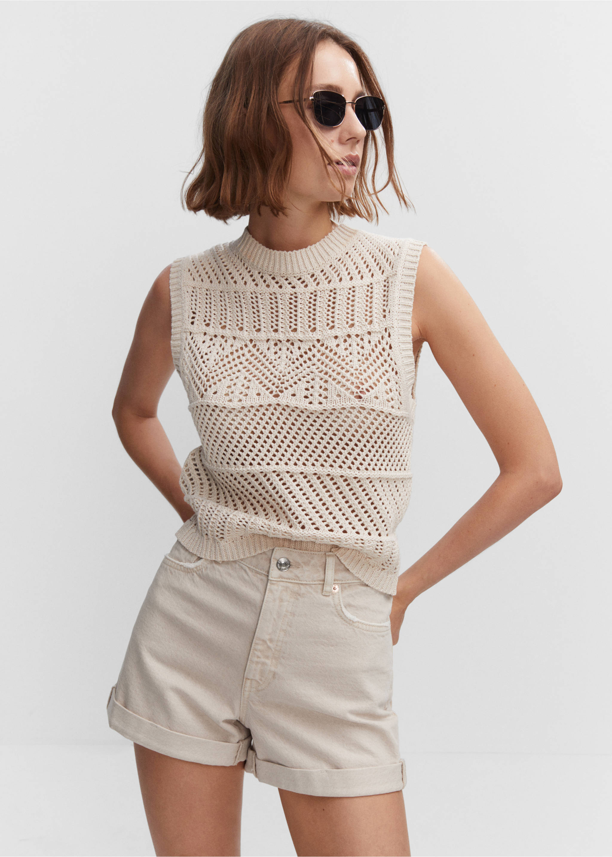 Short jean mom-fit - Plan moyen, Beige. Ref: 57050180-00.