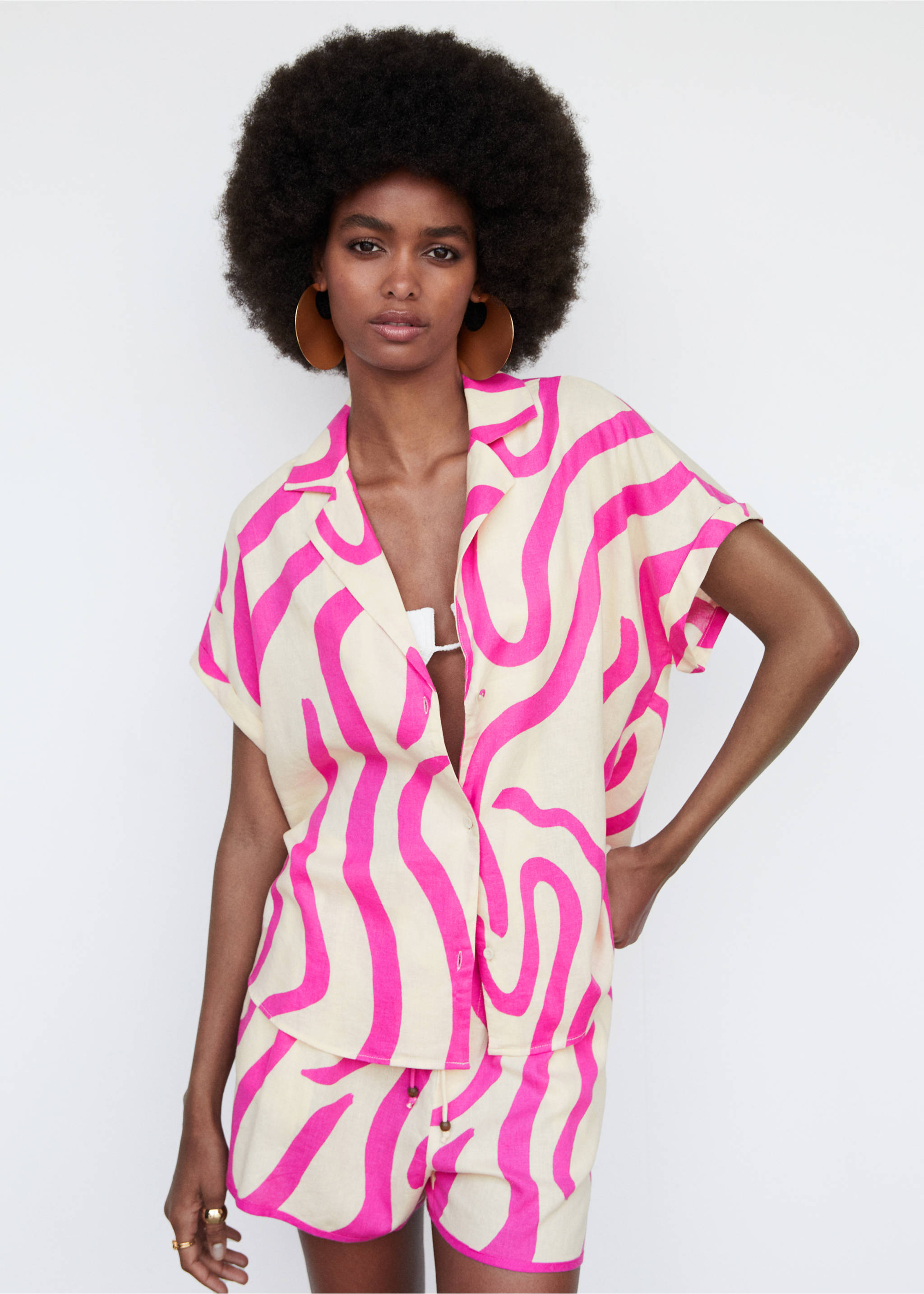 Chemise lin imprimée - Plan moyen, Fuchsia. Ref: 57050199-00.