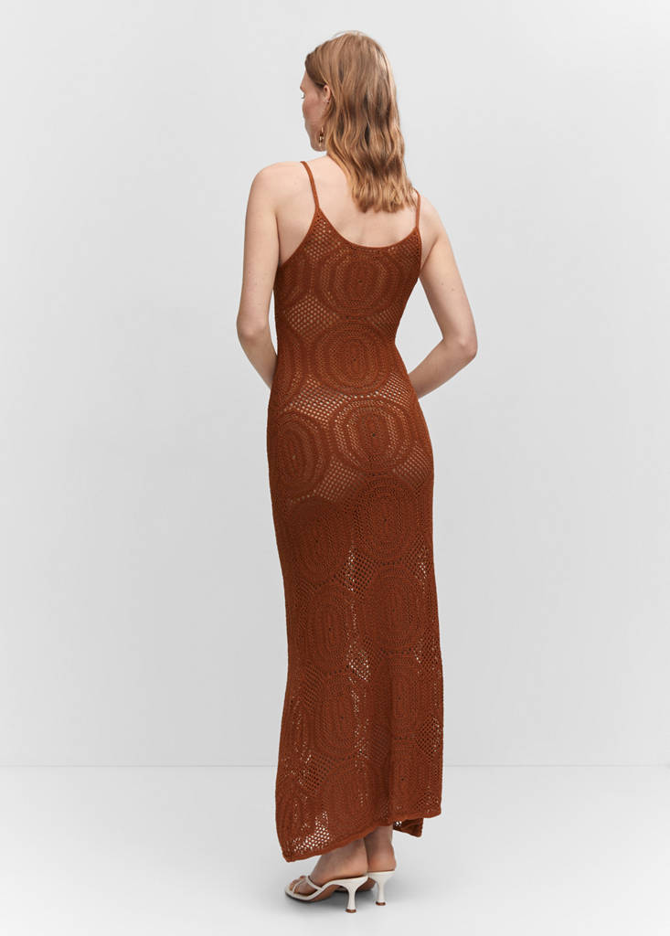 Long openwork knitted dress — Brown