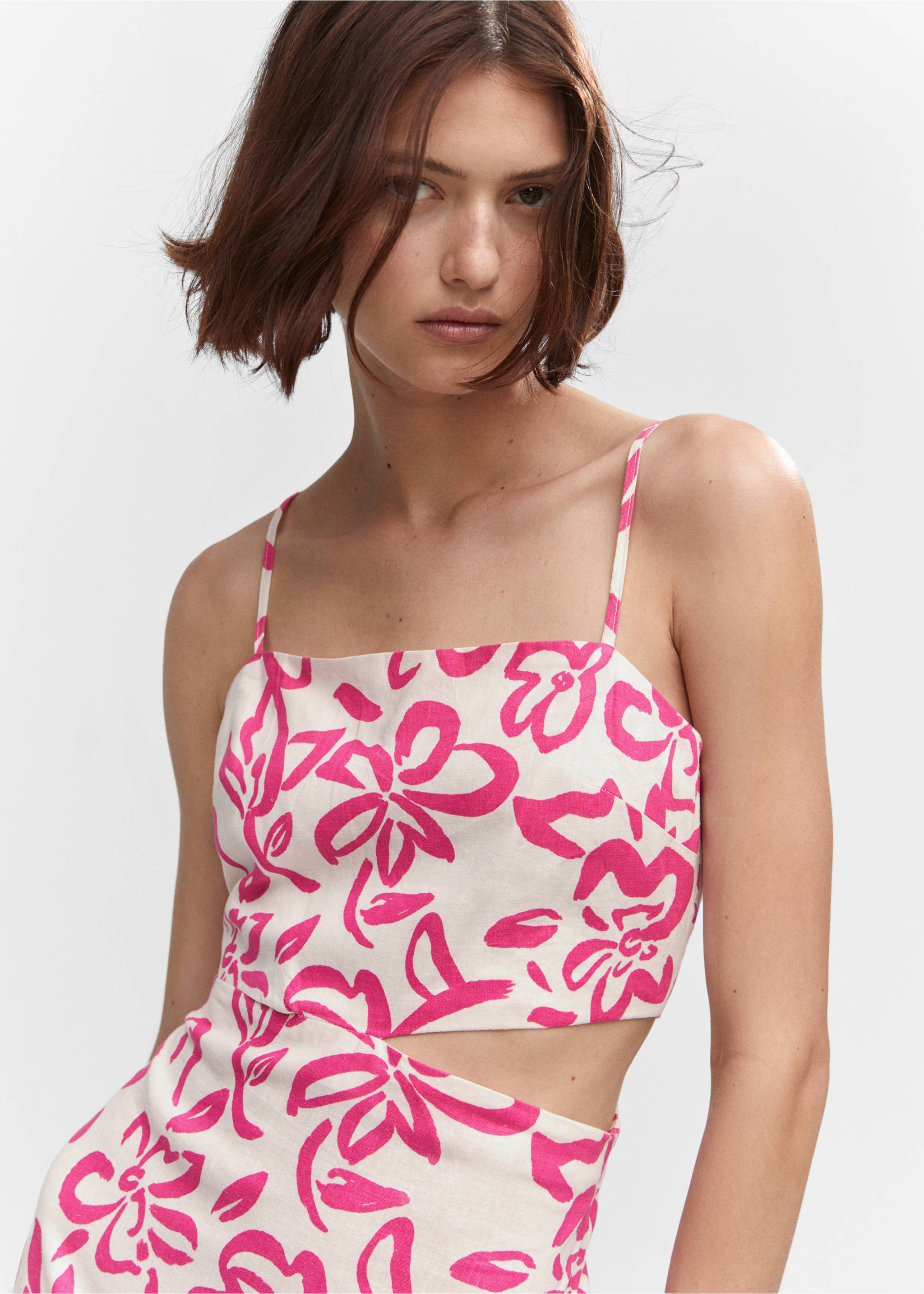 Cut-out linen-blend dress - Details of the article 1, Fuchsia. Ref: 57050251-00.
