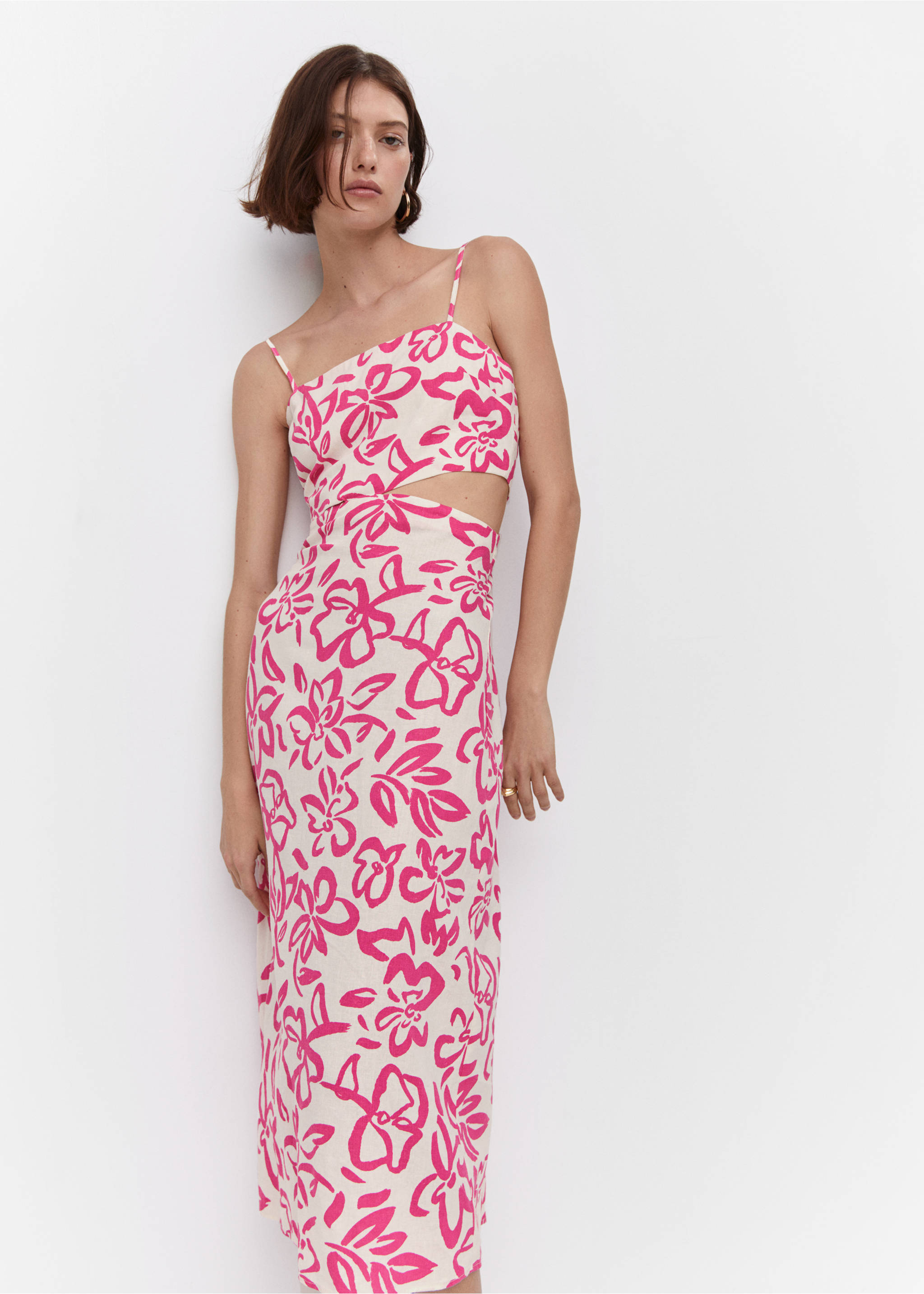 Cut-out linen-blend dress - Details of the article 2, Fuchsia. Ref: 57050251-00.
