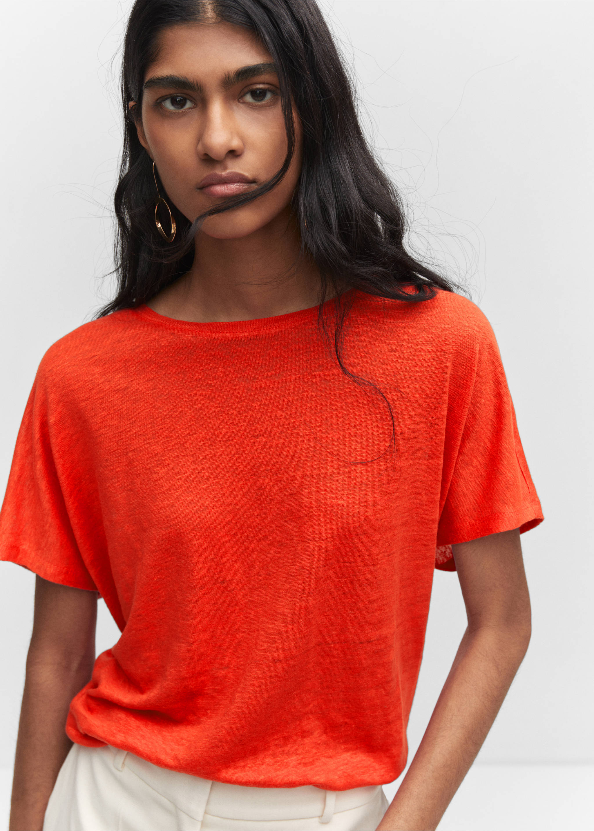Oversized linen t-shirt - Details of the article 1, Orange. Ref: 57050262-00.