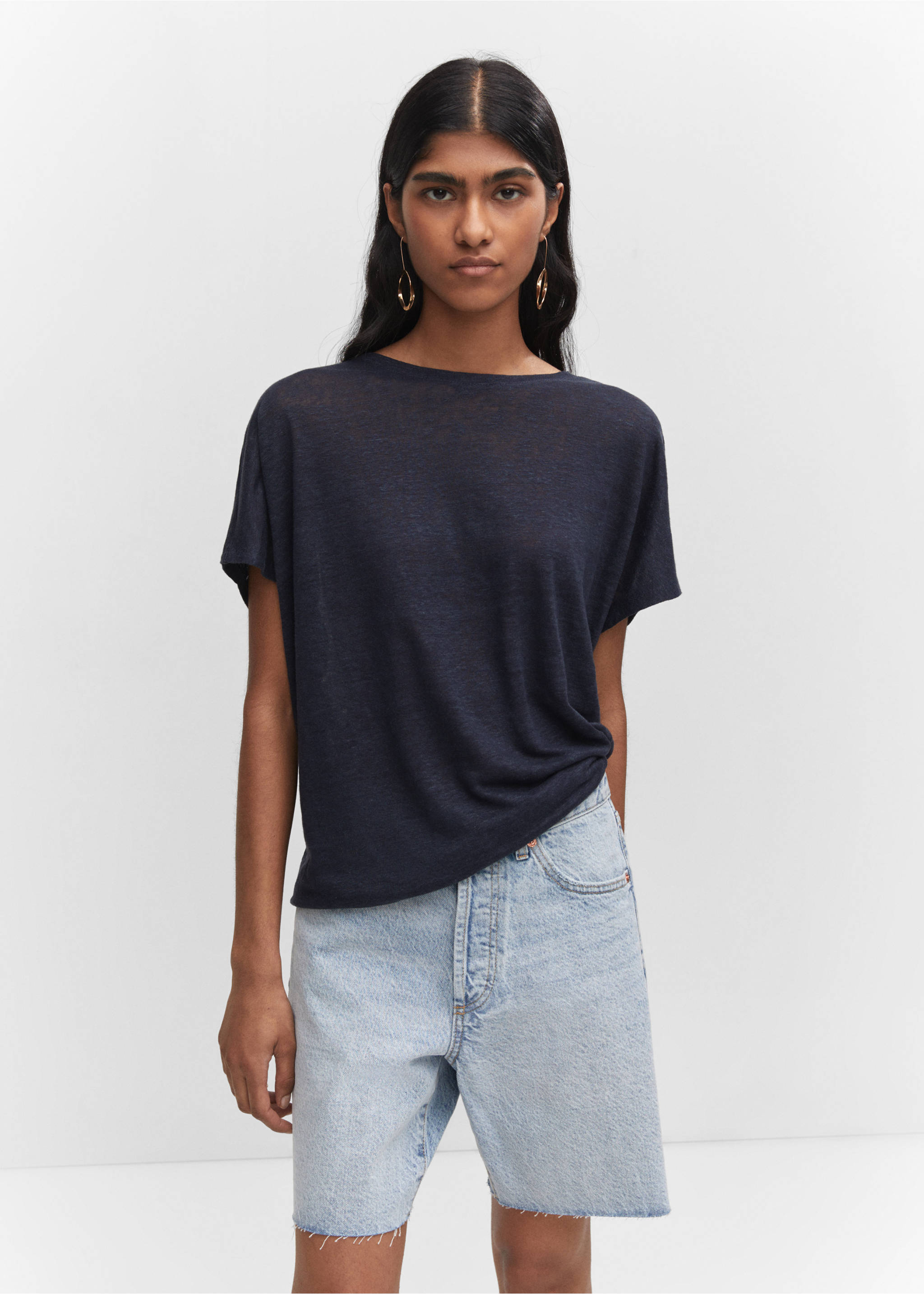Oversized linen t-shirt - Medium plane, Dark Navy. Ref: 57050262-00.
