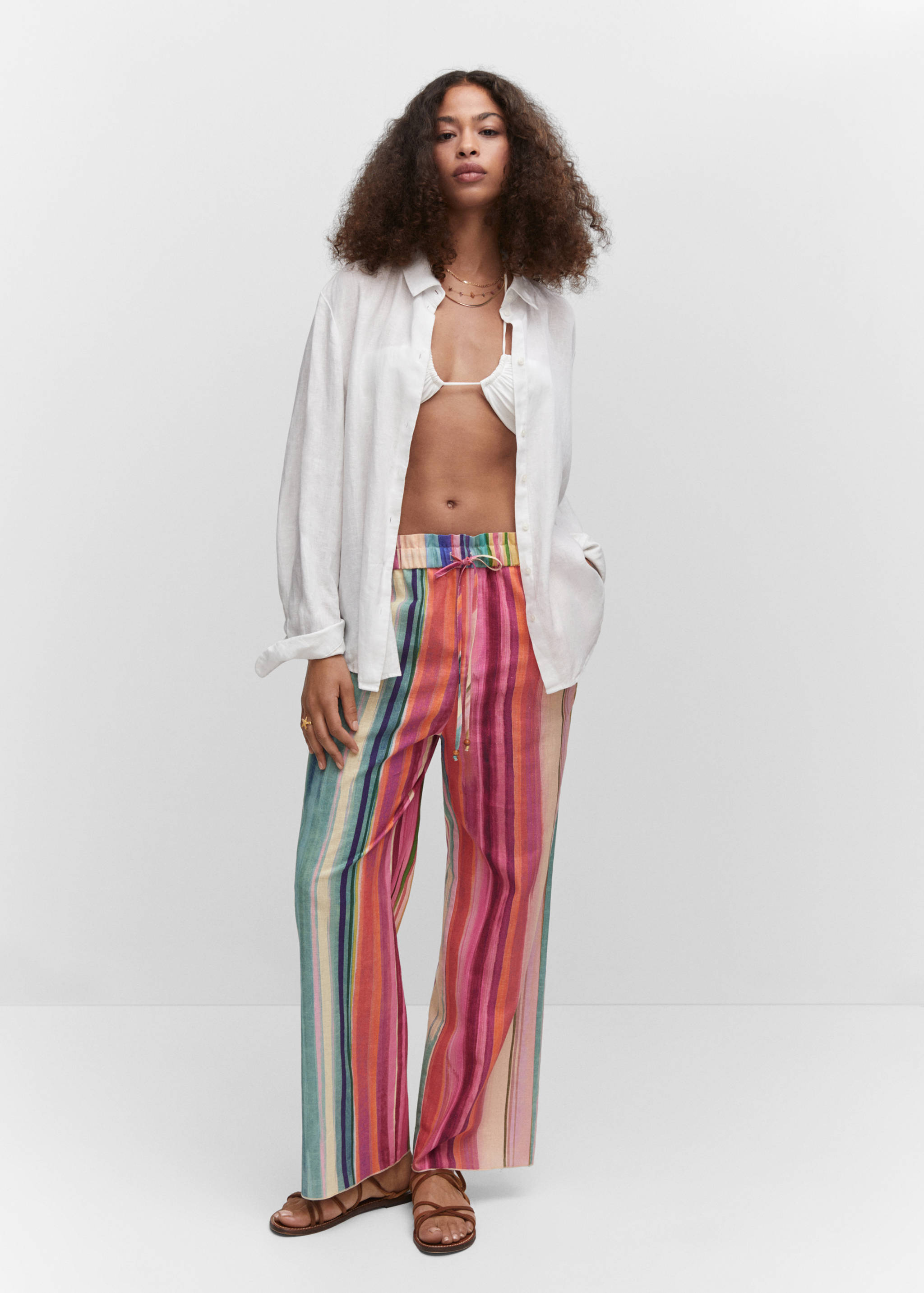 Multi-coloured striped linen trousers - General plane