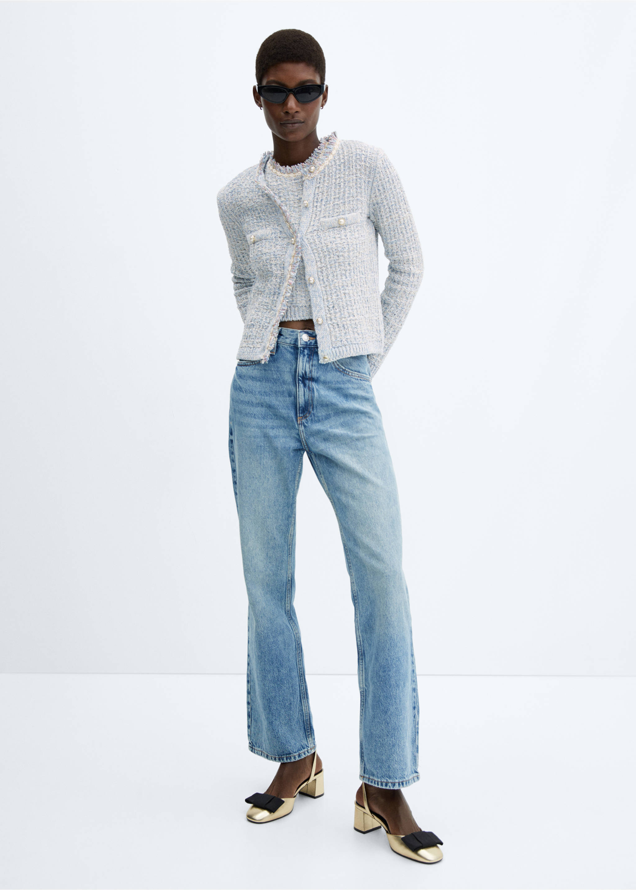 Tweed cardigan with jewel button - General plane, Sky Blue. Ref: 57055806-00.