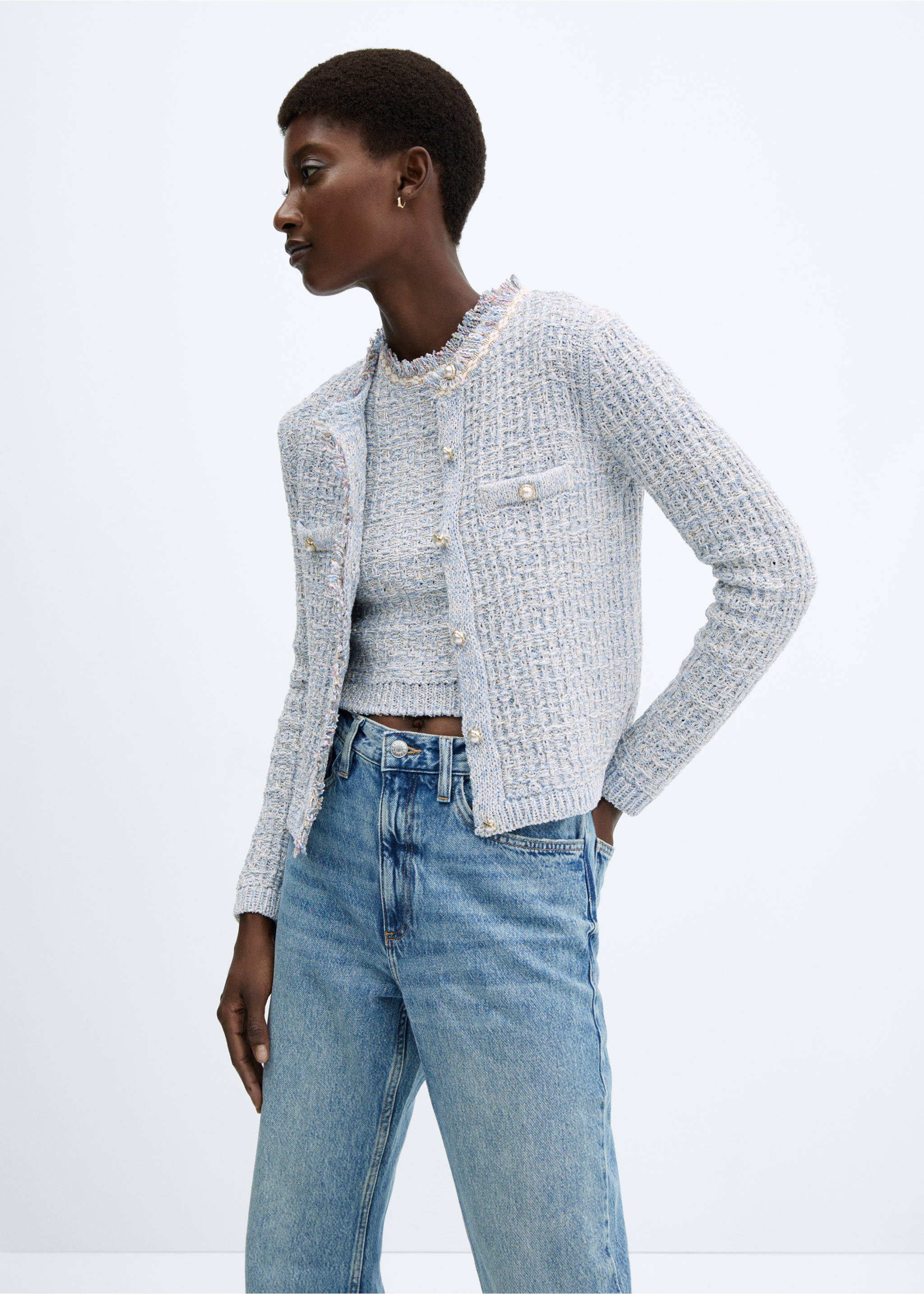 Tweed cardigan with jewel button - Medium plane, Sky Blue. Ref: 57055806-00.