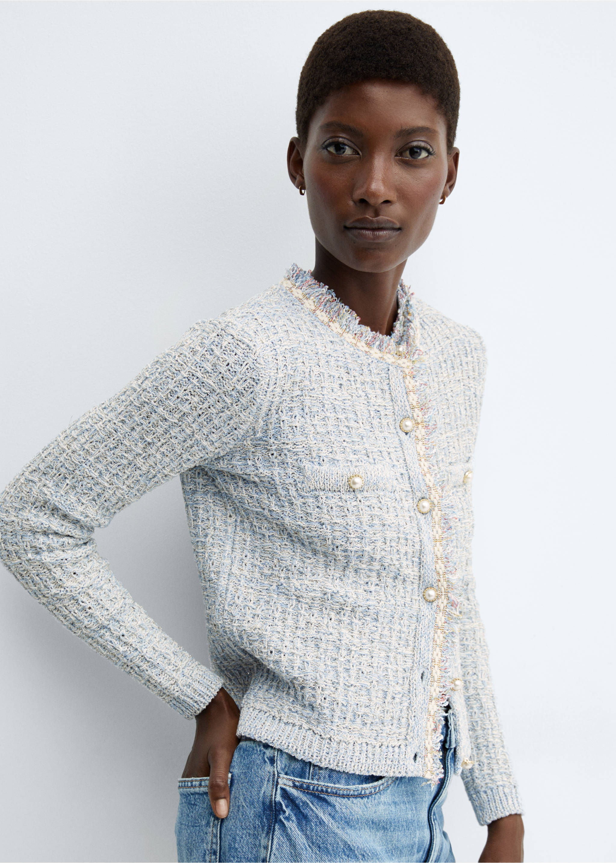 Tweed cardigan with jewel button - Details of the article 1, Sky Blue. Ref: 57055806-00.
