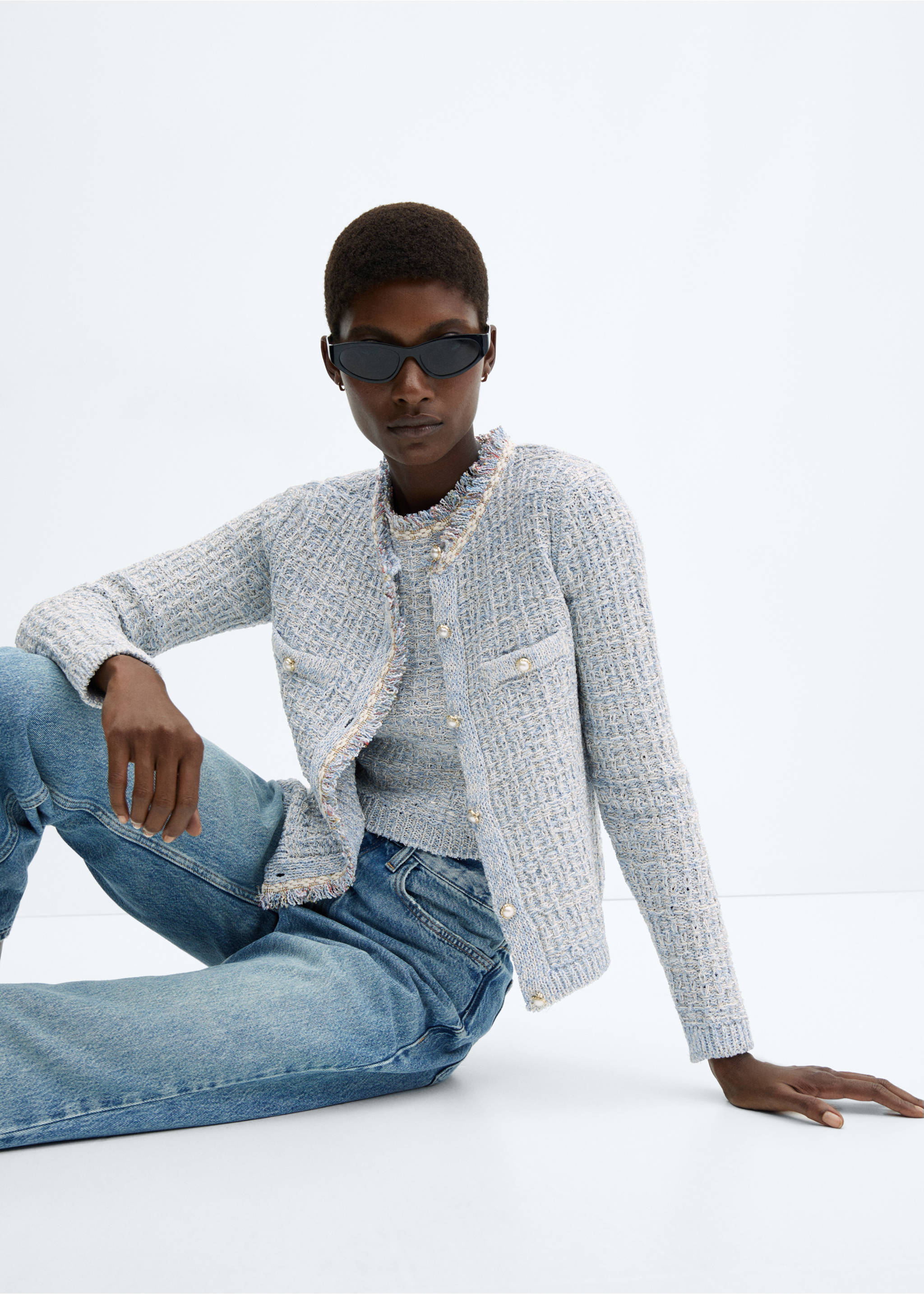 Tweed cardigan with jewel button - Details of the article 2, Sky Blue. Ref: 57055806-00.