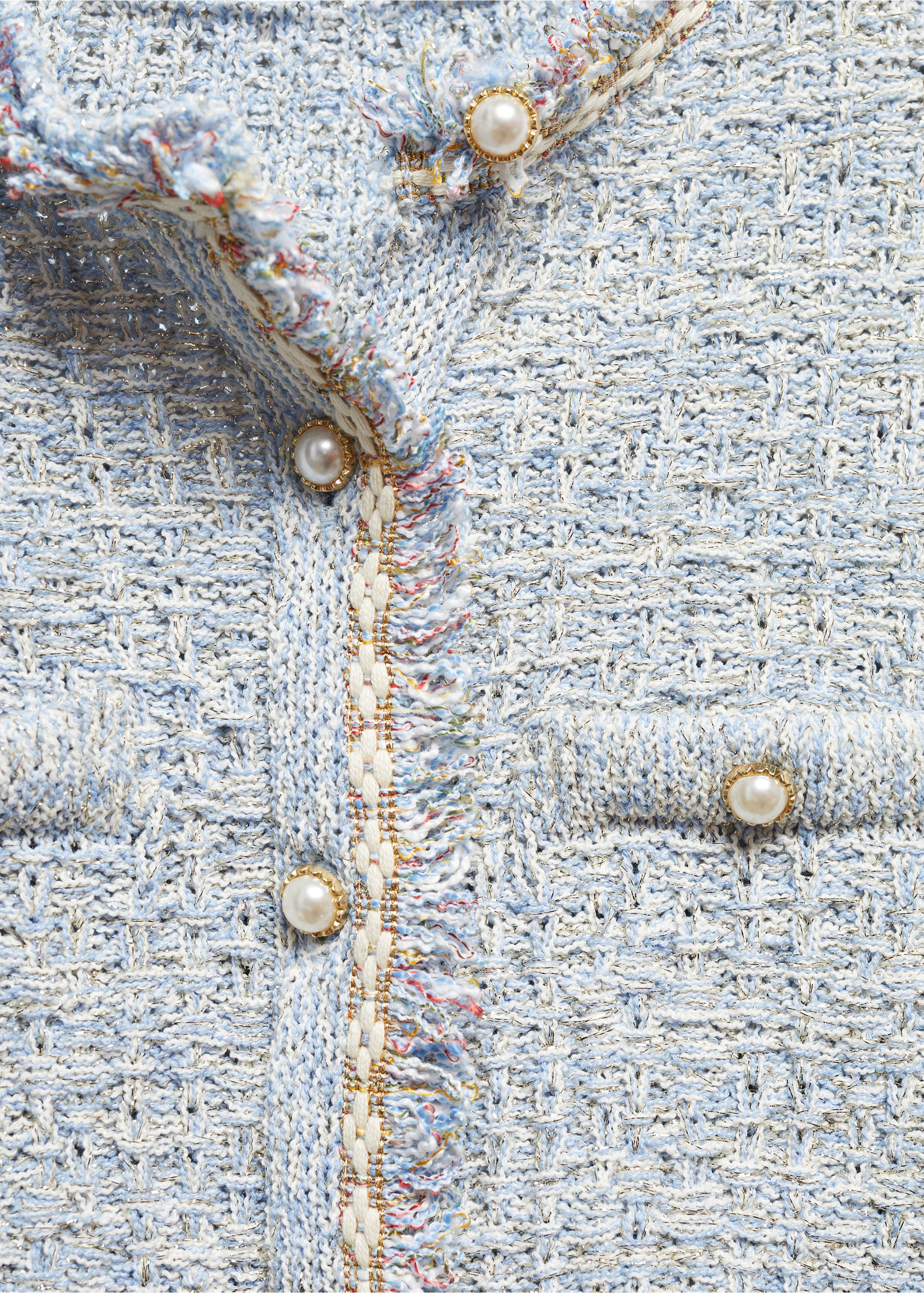 Tweed cardigan with jewel button - Details of the article 8, Sky Blue. Ref: 57055806-00.