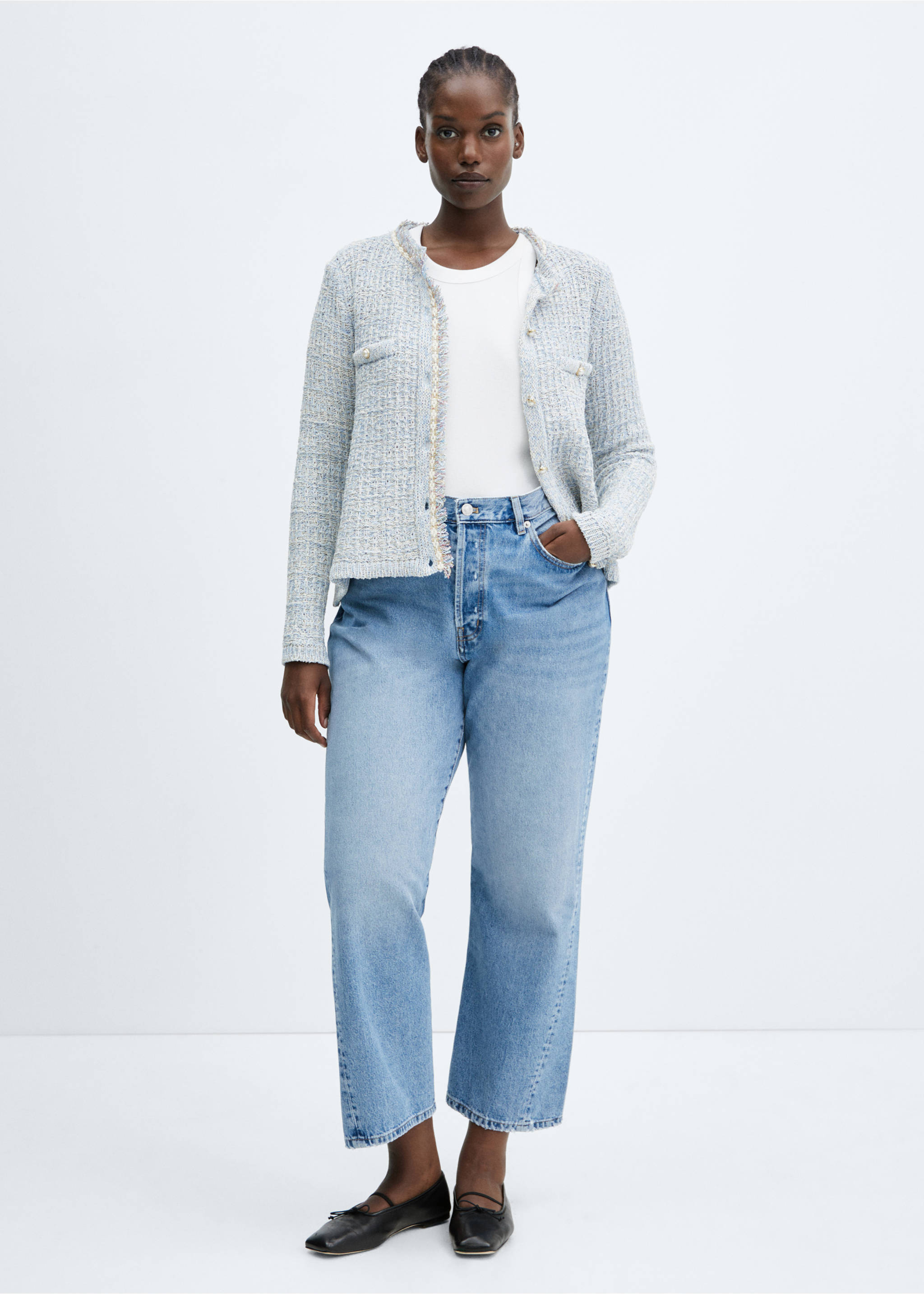Tweed cardigan with jewel button - Details of the article 3, Sky Blue. Ref: 57055806-00.