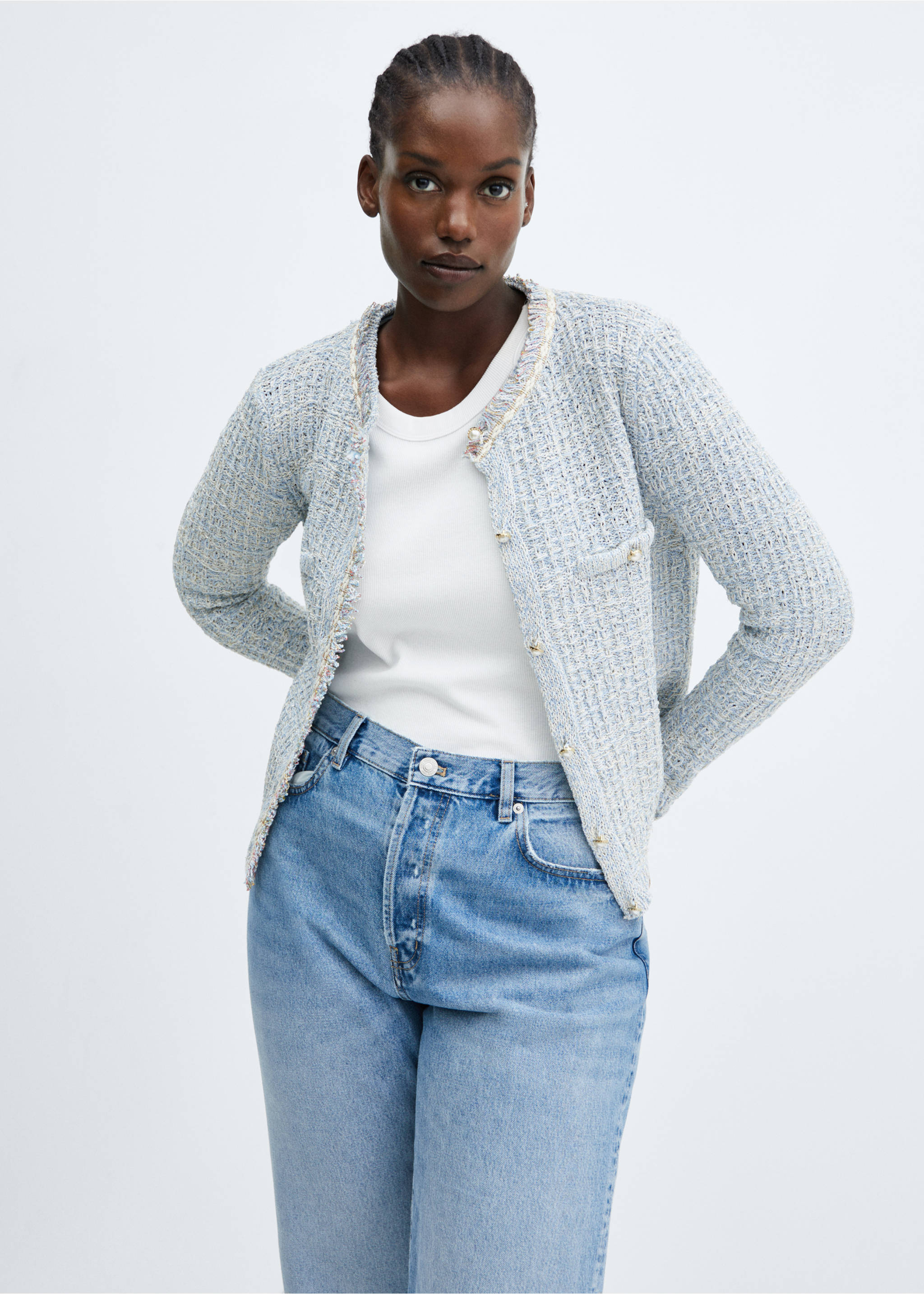 Tweed cardigan with jewel button - Details of the article 5, Sky Blue. Ref: 57055806-00.
