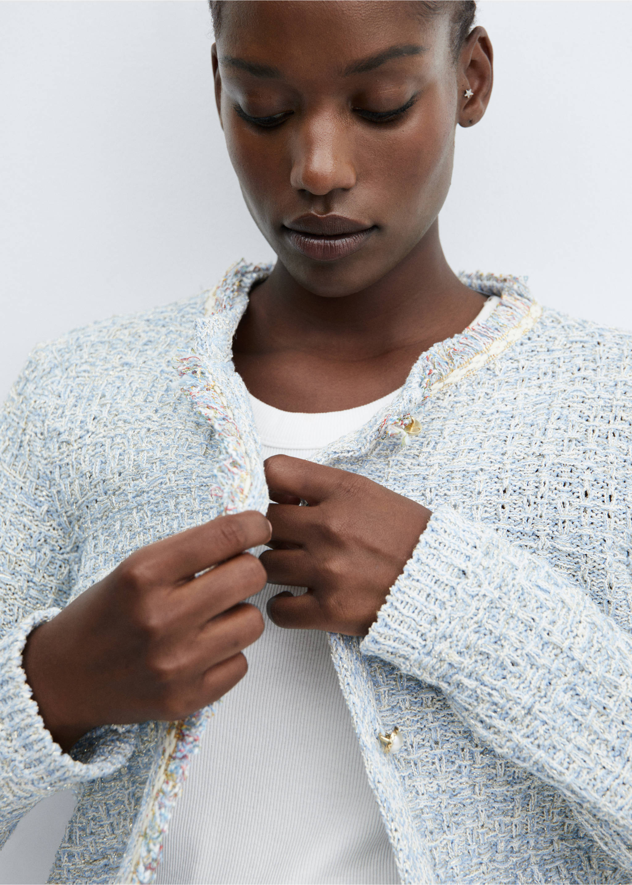 Tweed cardigan with jewel button - Details of the article 4, Sky Blue. Ref: 57055806-00.