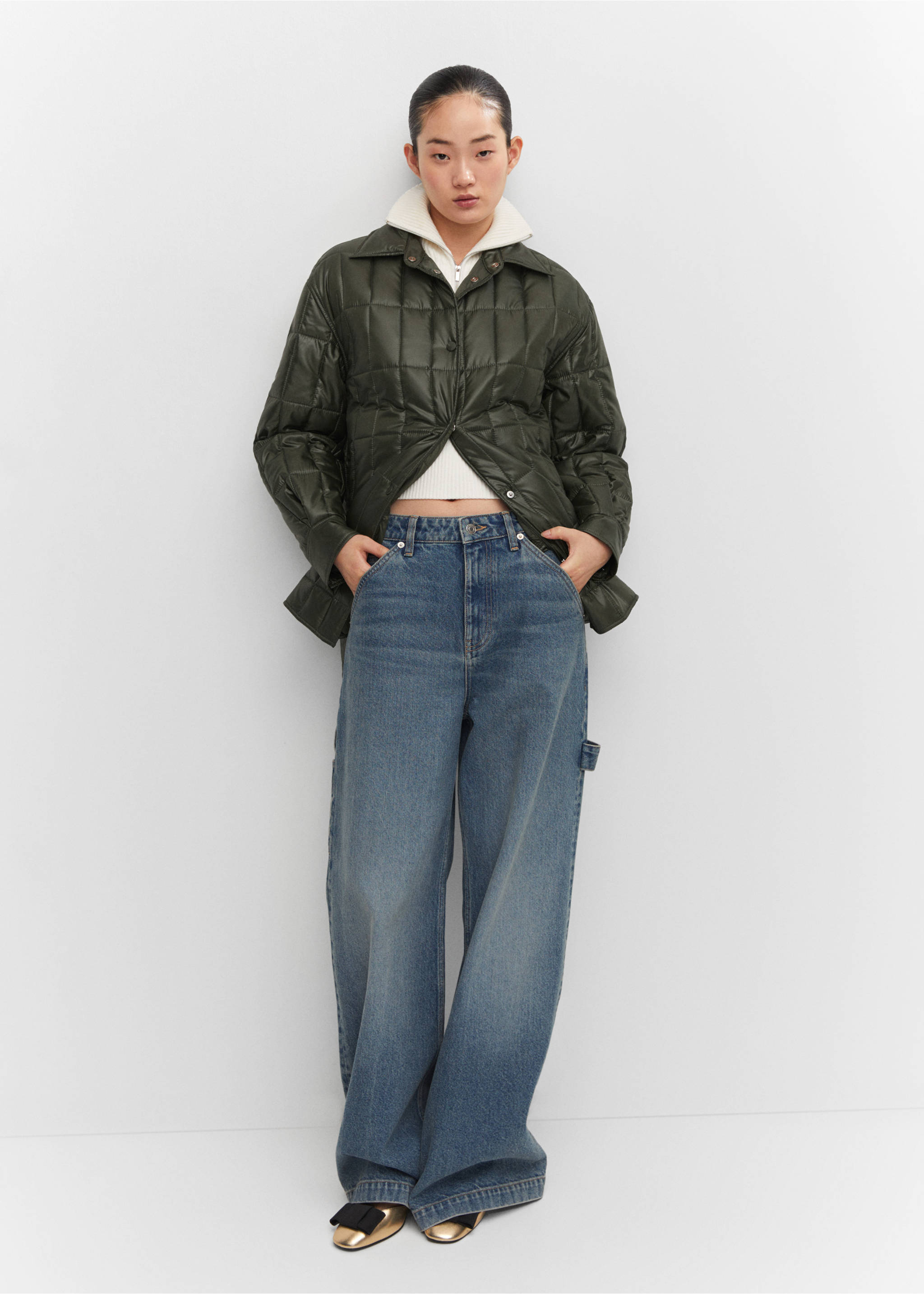 Quilted anorak with shirt collar - Details of the article 2, Khaki. Ref: 57055950-00.