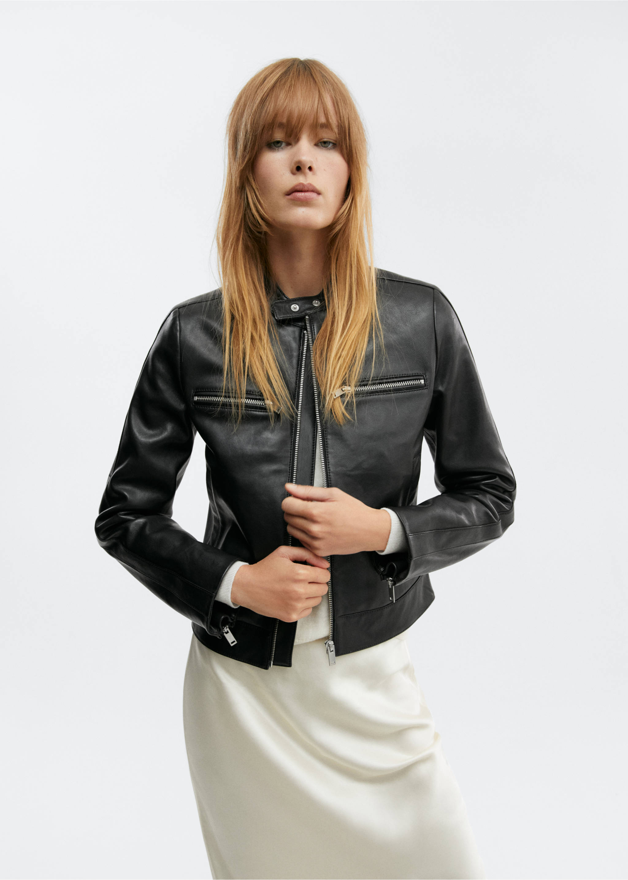 Cazadora biker piel cremalleras - Plano medio, Negro. Ref: 57055992-00.