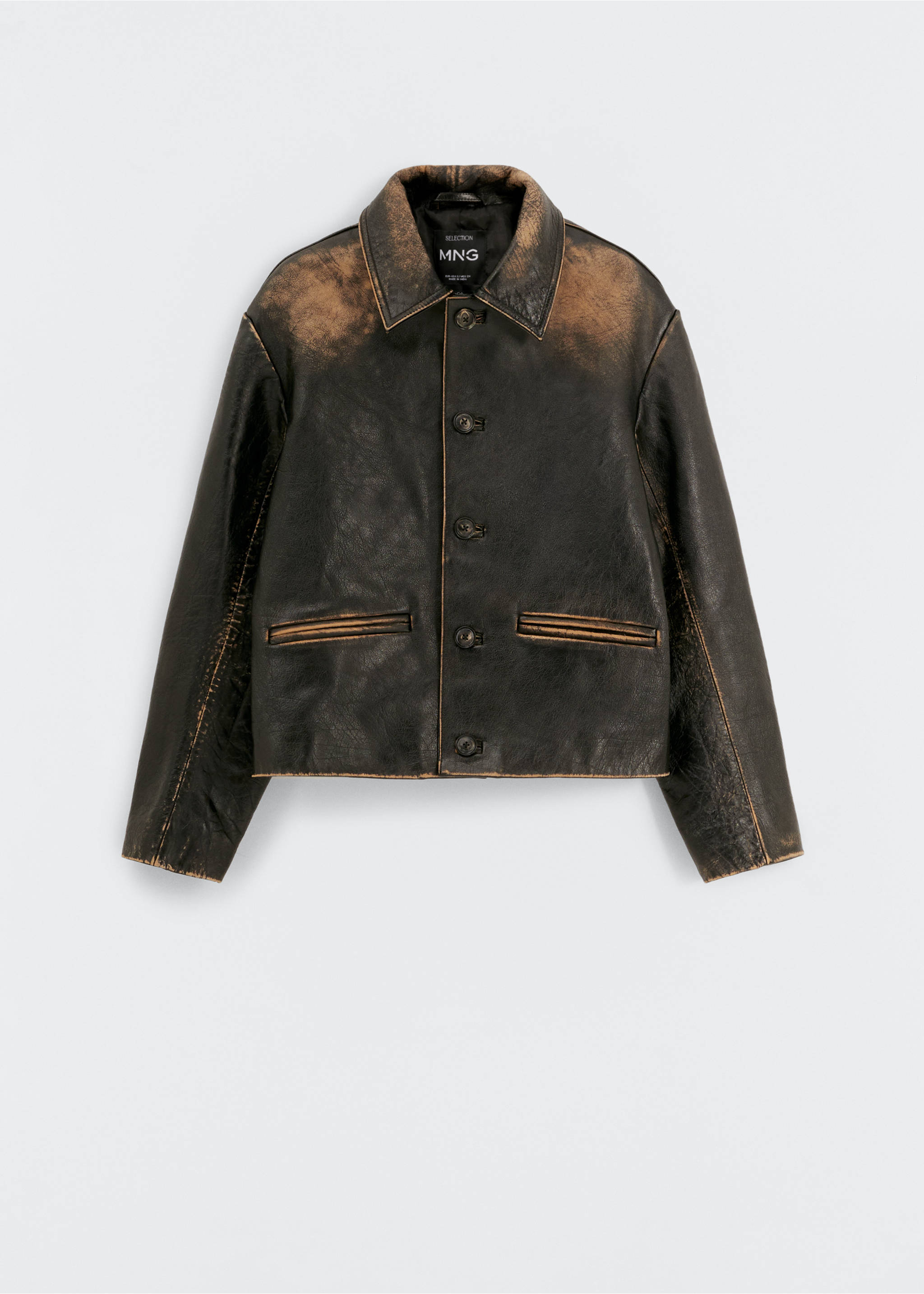 Leather jacket with worn effect - Article without model, Black. Ref: 57056022-00.