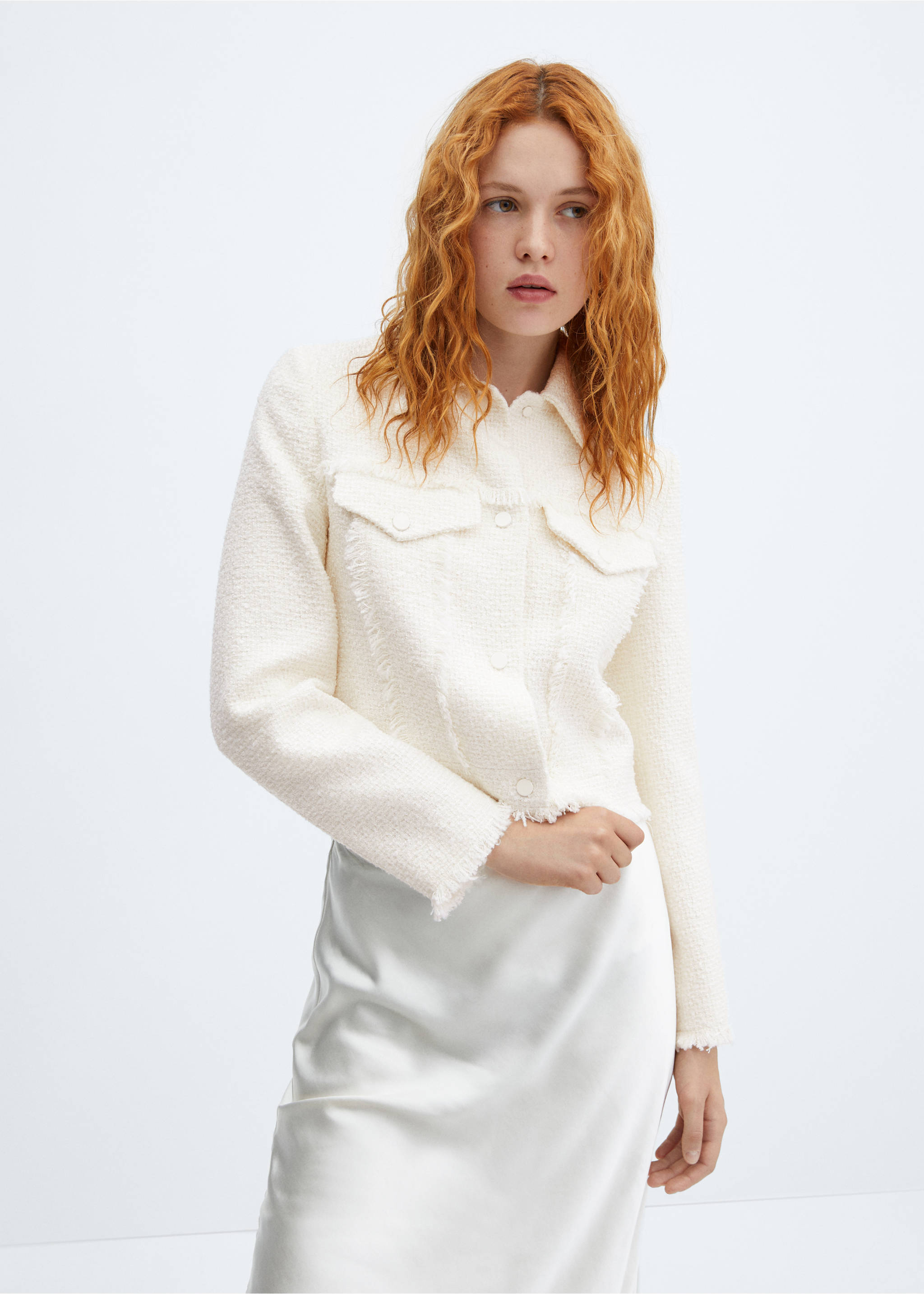 Veste tweed coutures franges - Plan moyen, Écru. Ref: 57056025-00.