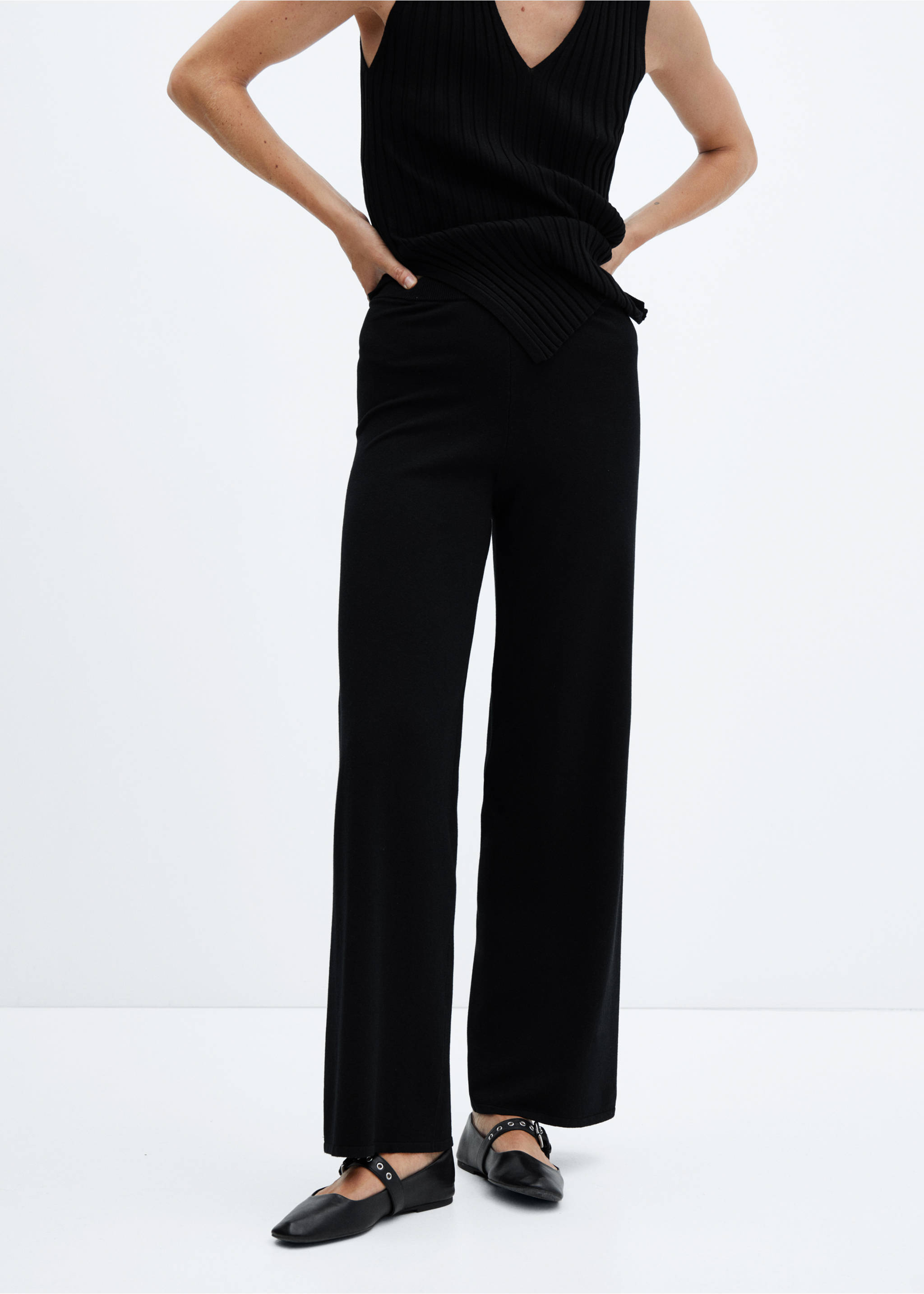 Pantalon maille coton lin - Plan moyen, Noir. Ref: 57057720-00.