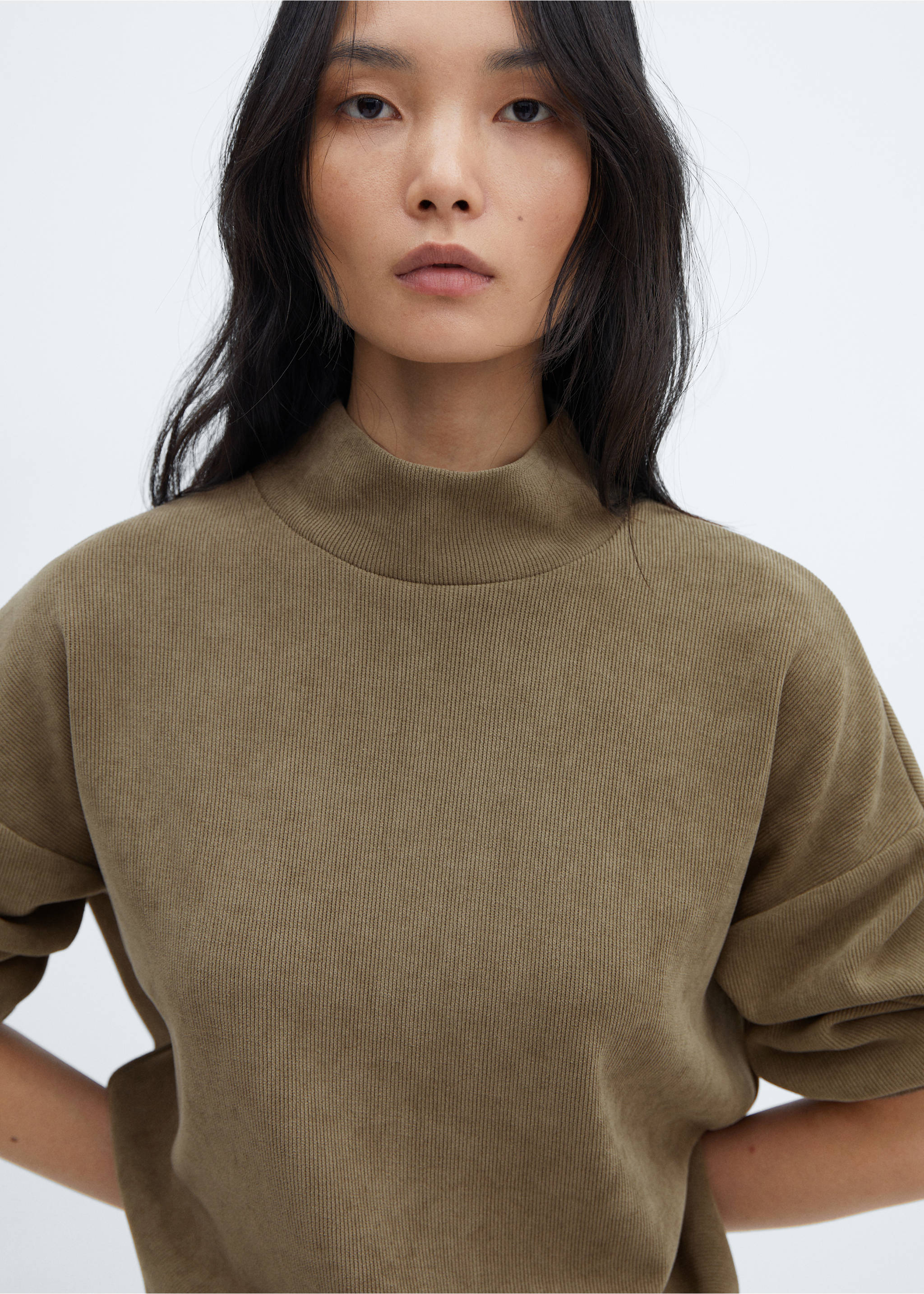 Corduroy sweatshirt with perkins neck - Details of the article 1, Charcoal. Ref: 57057742-00.