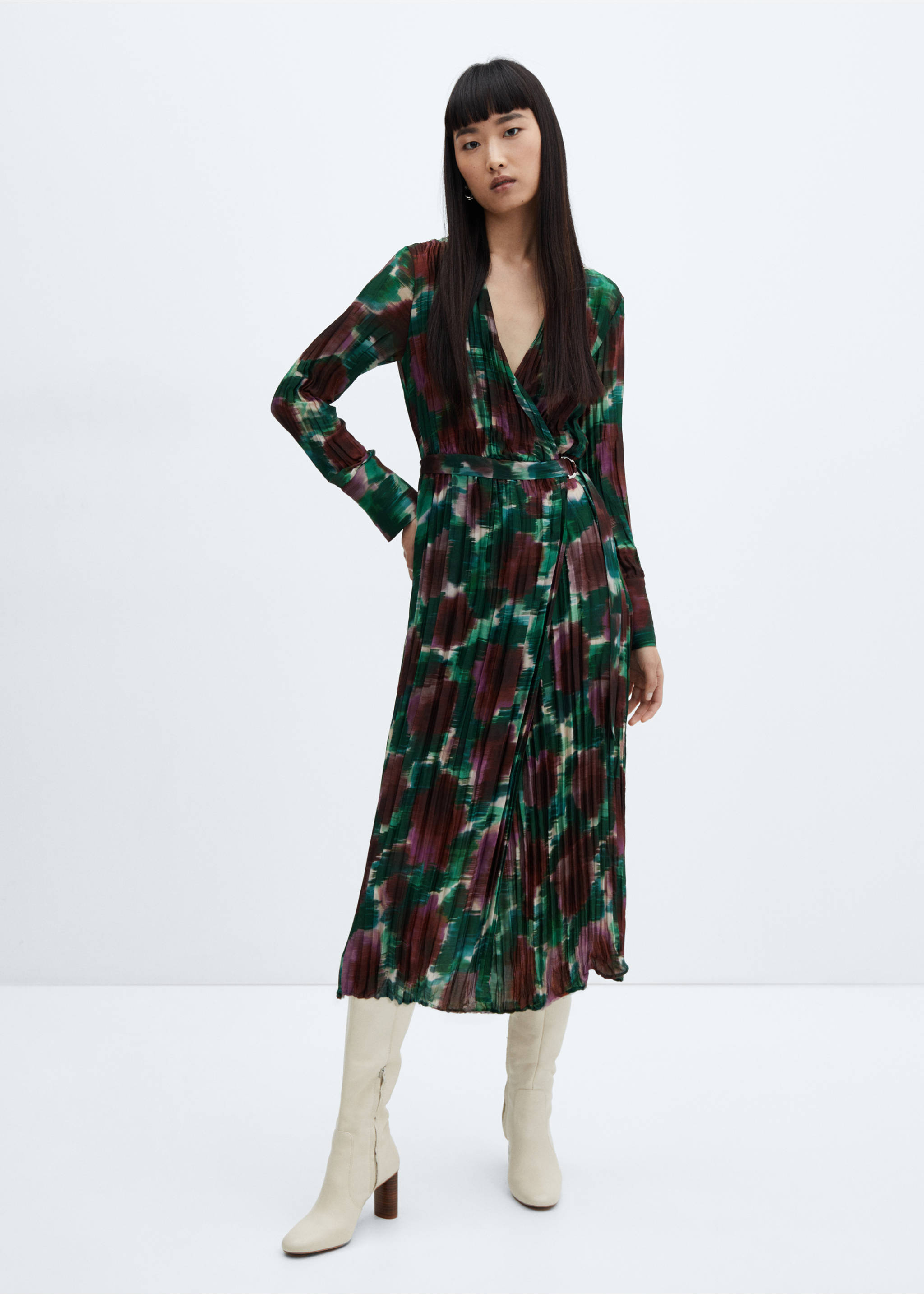Pleated wrap dress - General plane, Green. Ref: 57058278-00.