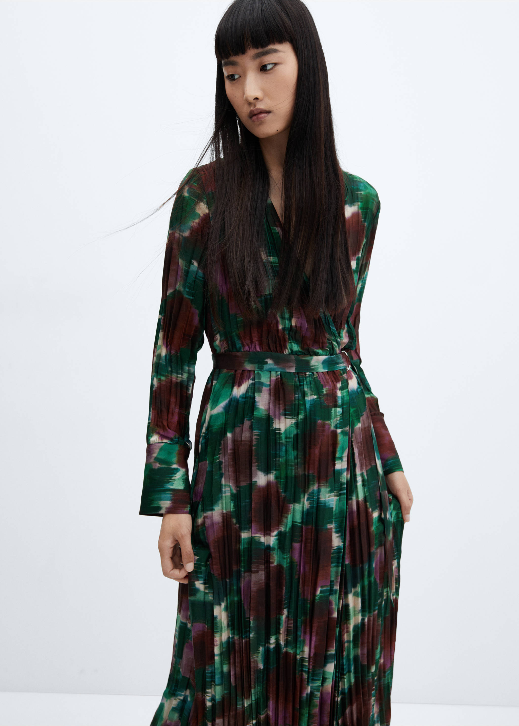 Pleated wrap dress - Medium plane, Green. Ref: 57058278-00.