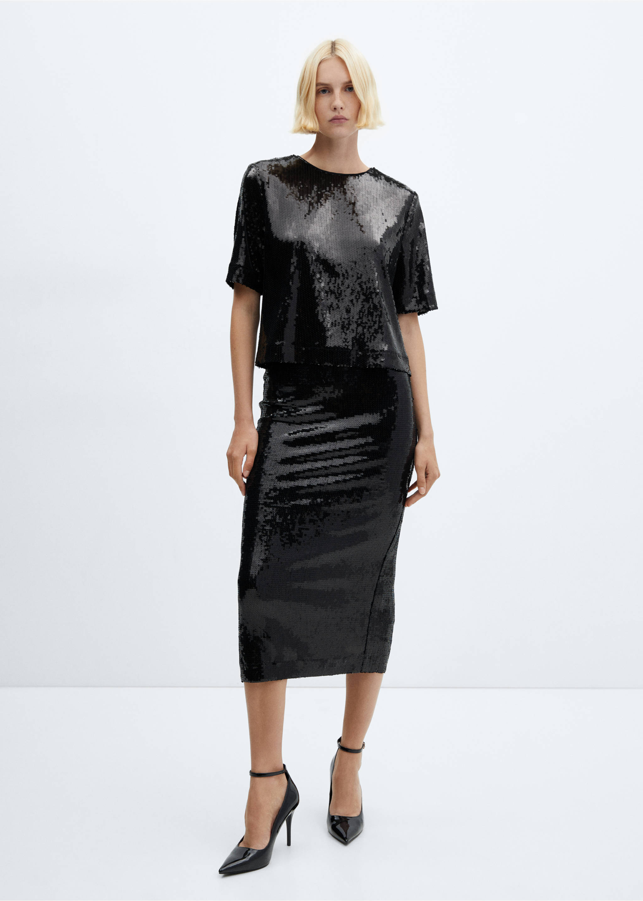 Sequin midi skirt - General plane, Black. Ref: 57059101-00.