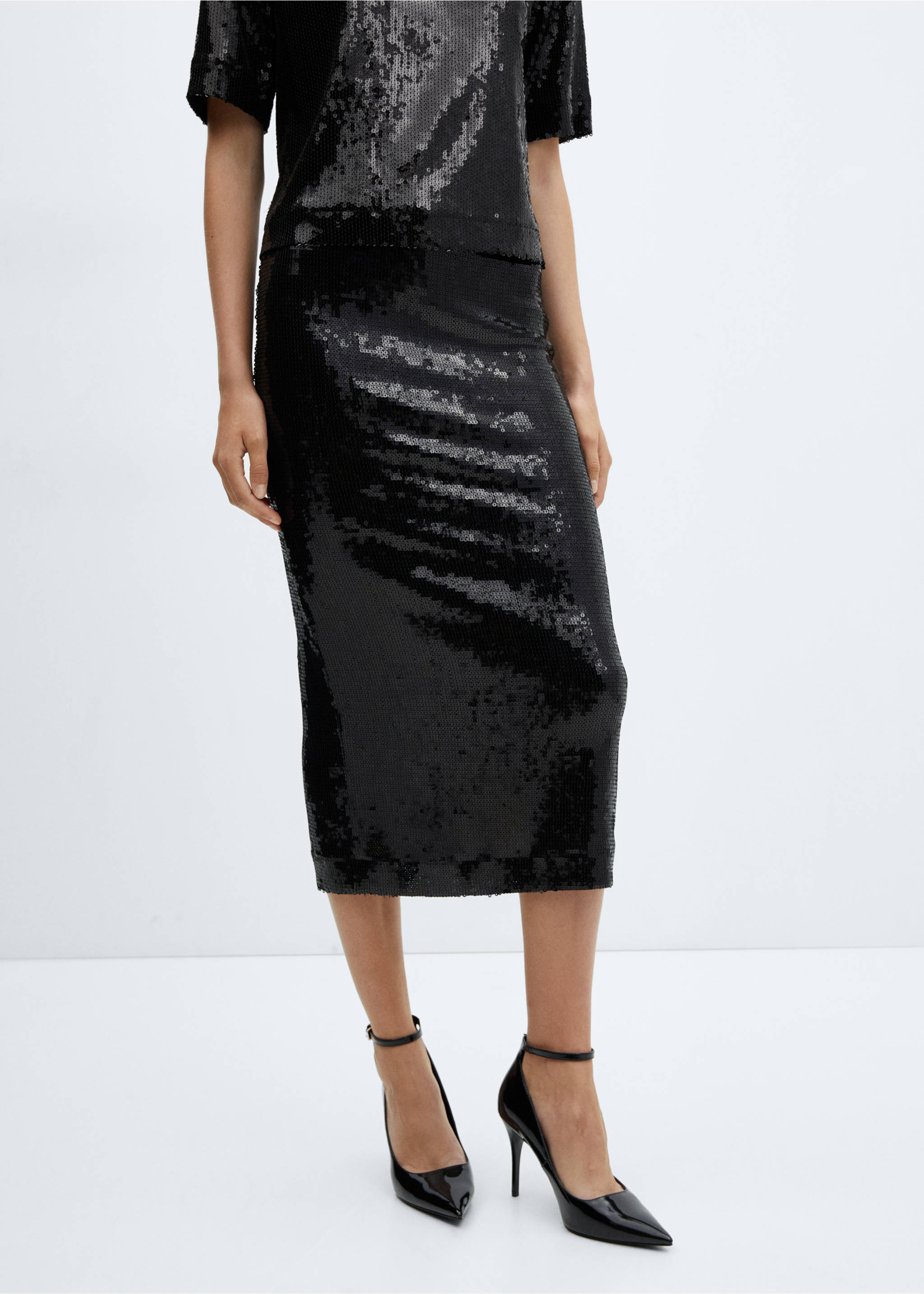 Sequin midi skirt - Medium plane, Black. Ref: 57059101-00.