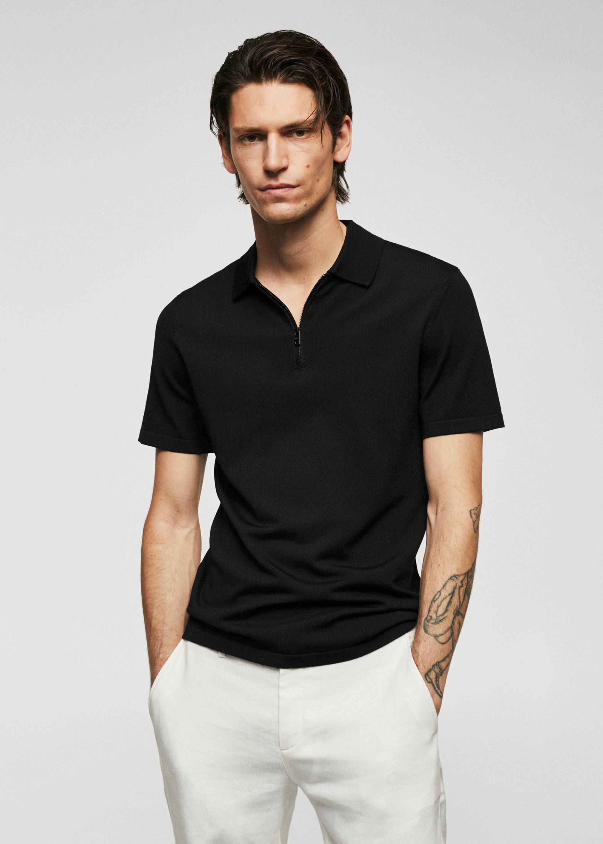 Fine-knit polo shirt with zip - Medium plane