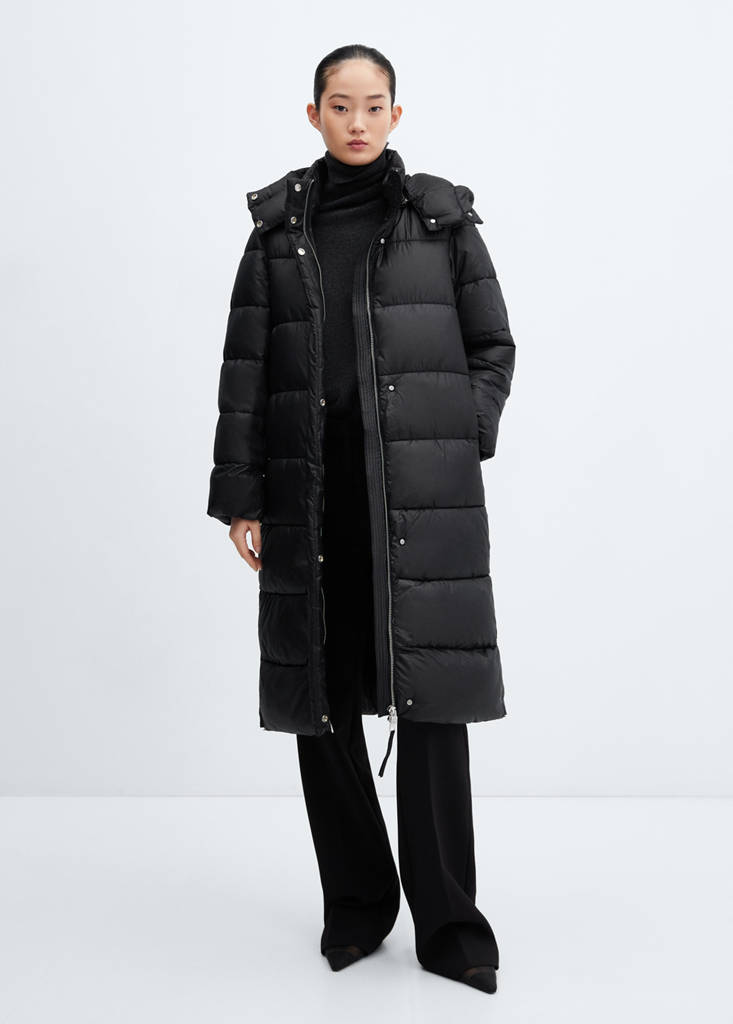 Water-repellent hood puffer coat — Black