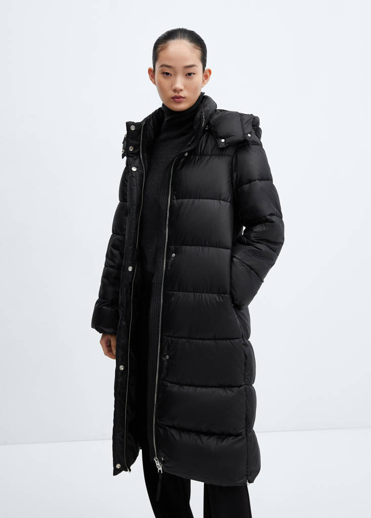 Water-repellent hood puffer coat — Black