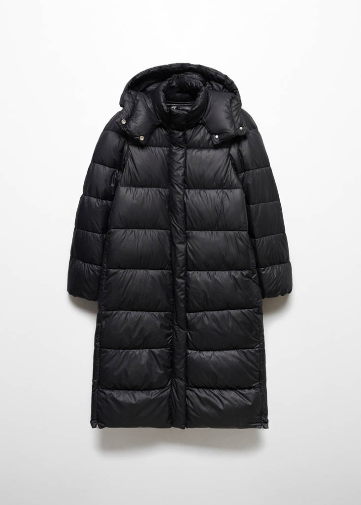 Water-repellent hood puffer coat — Black