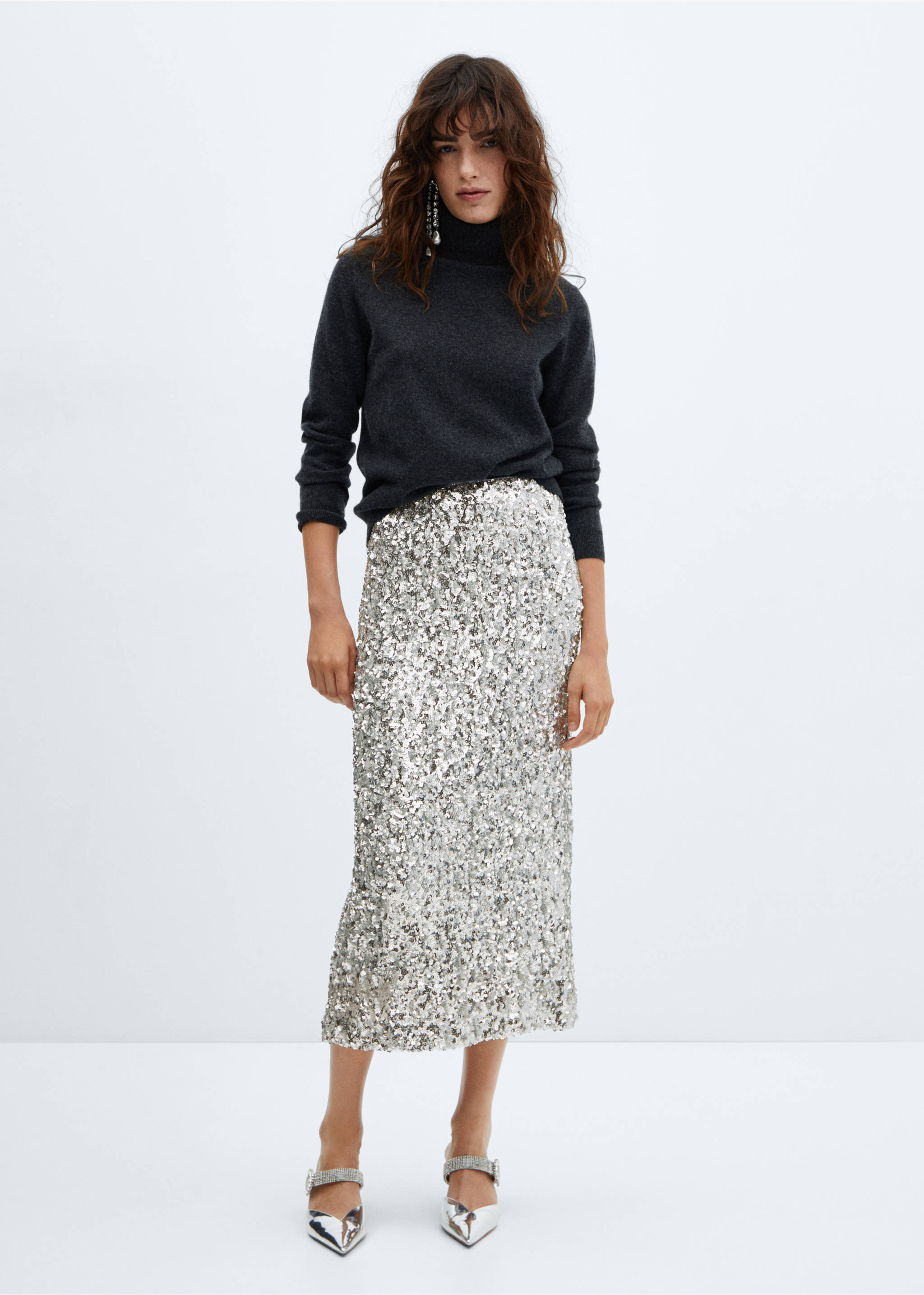 Sequin midi skirt - General plane, Silver. Ref: 57069104-00.