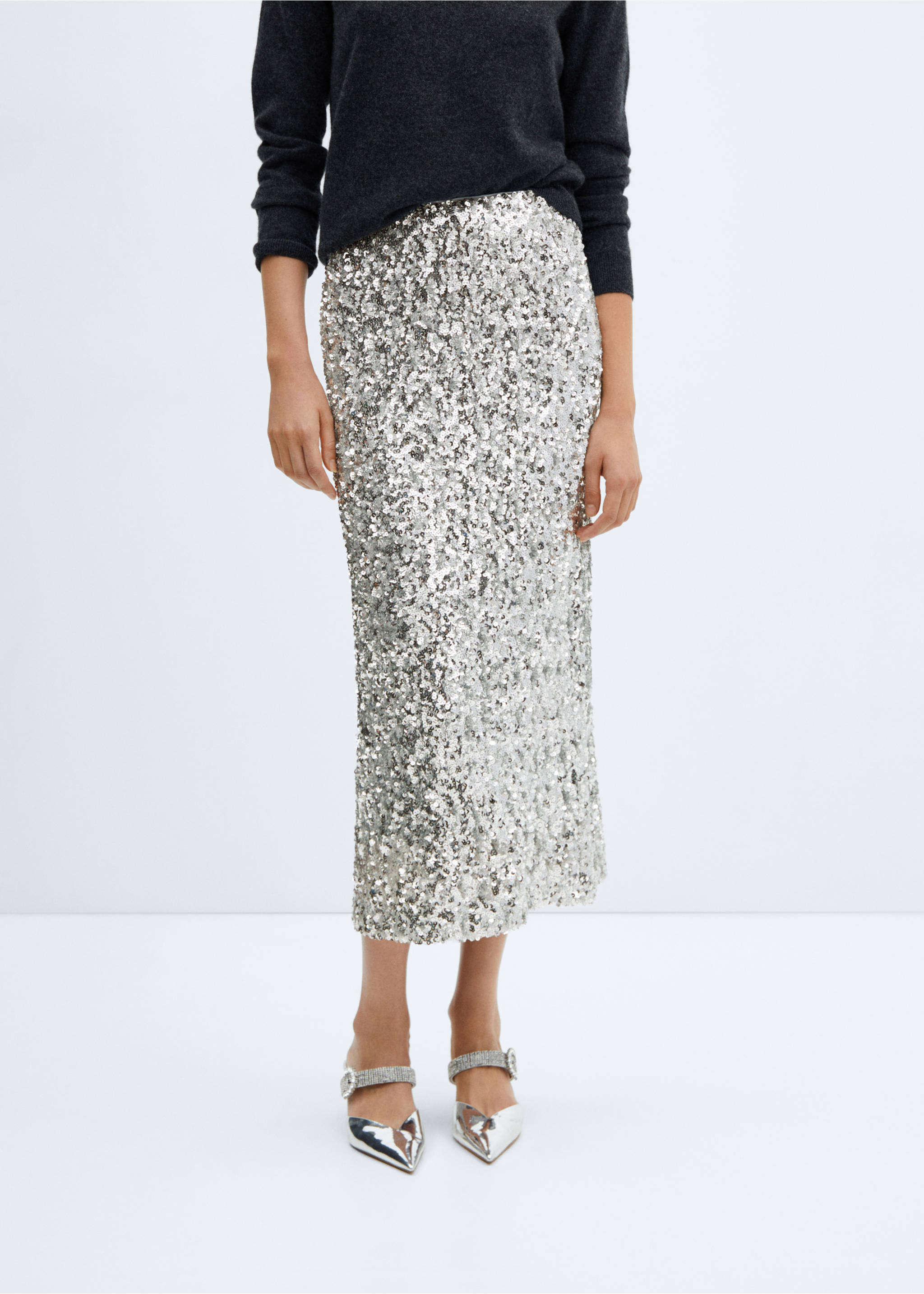 Sequin midi skirt - Medium plane, Silver. Ref: 57069104-00.
