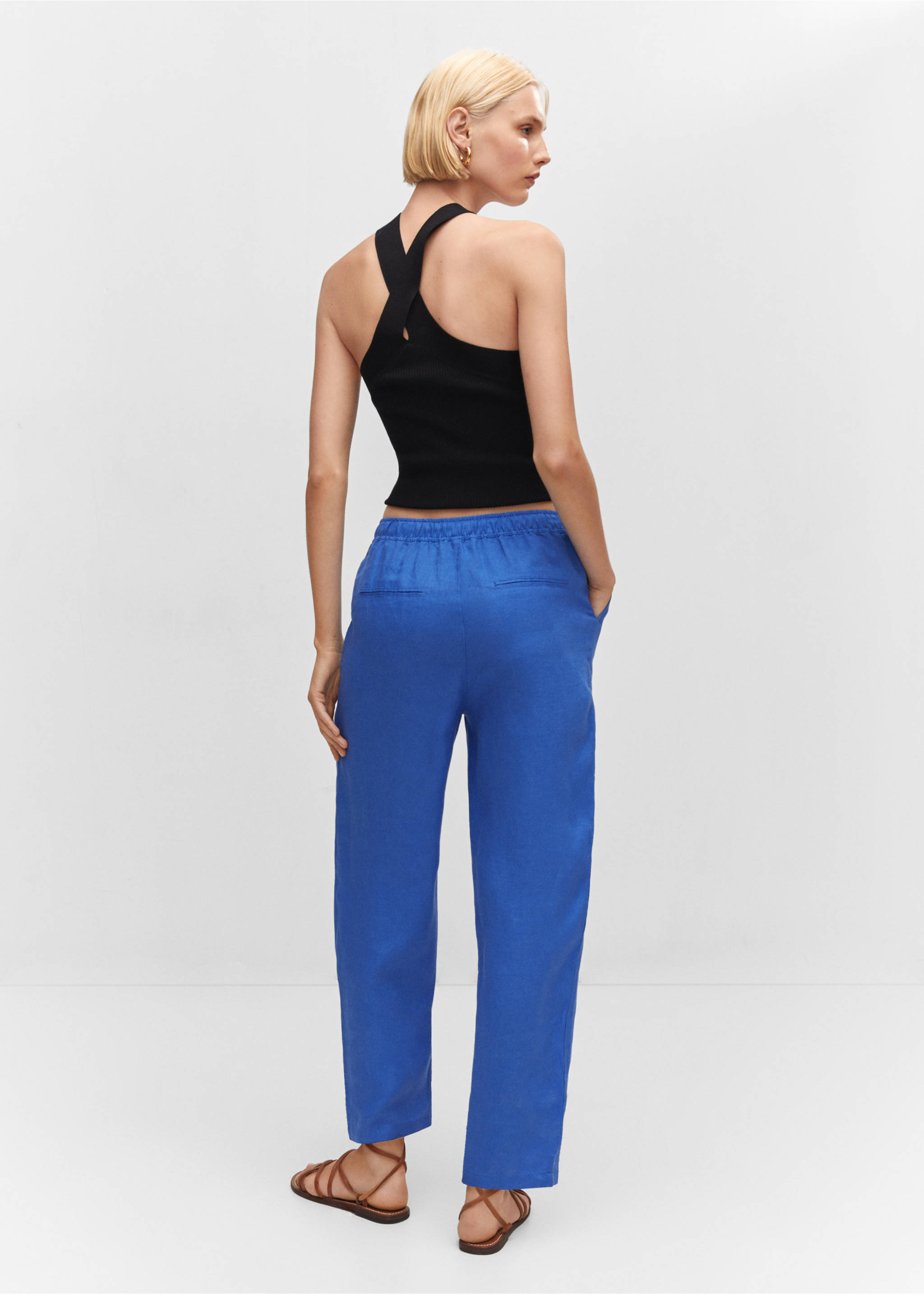 100% linen trousers - Reverse of the article, Blue. Ref: 57071177-00.