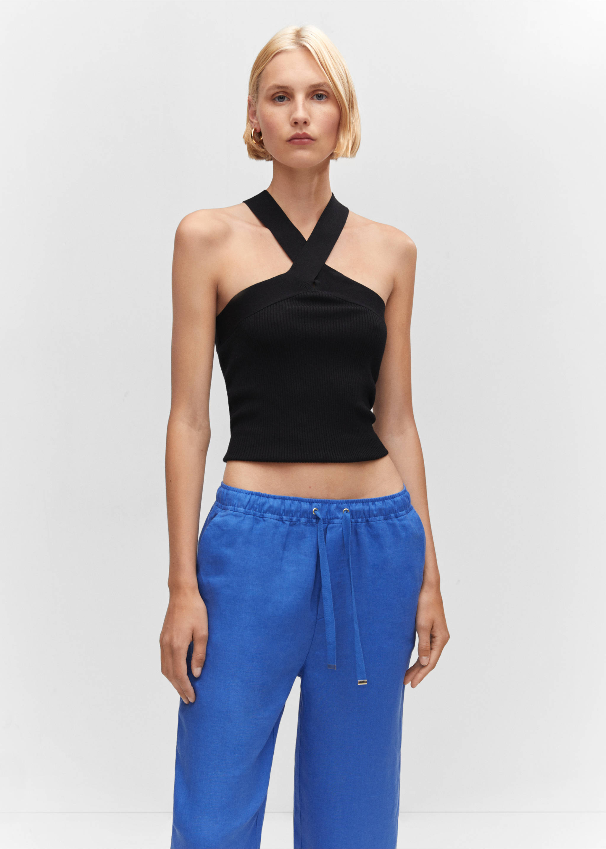 100% linen trousers - Details of the article 1, Blue. Ref: 57071177-00.