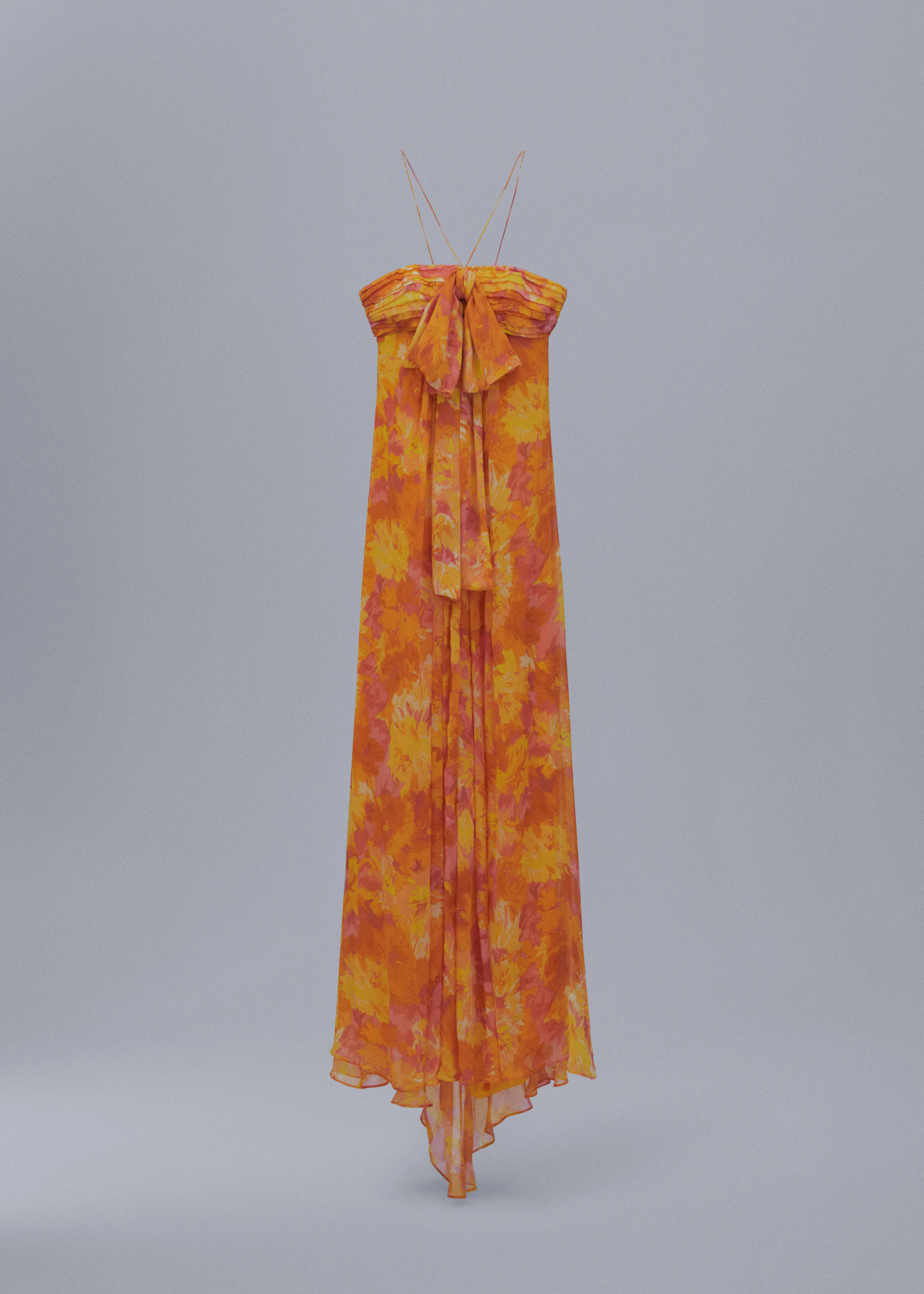 Pleated dress with bow neckline - Article without model, Pastel Orange. Ref: 57071182-00.