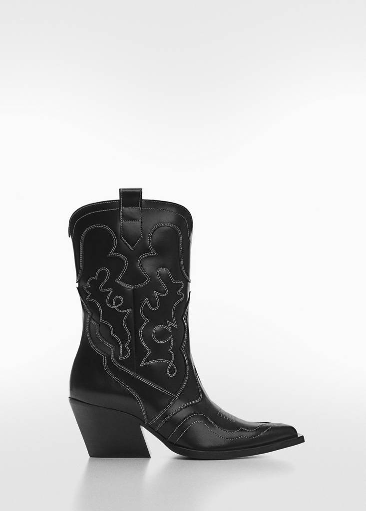 Leather cowboy ankle boots with seams — Black