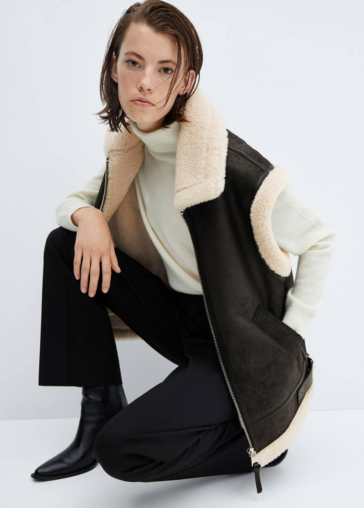Shearling-lined faux-leather gilet — Black