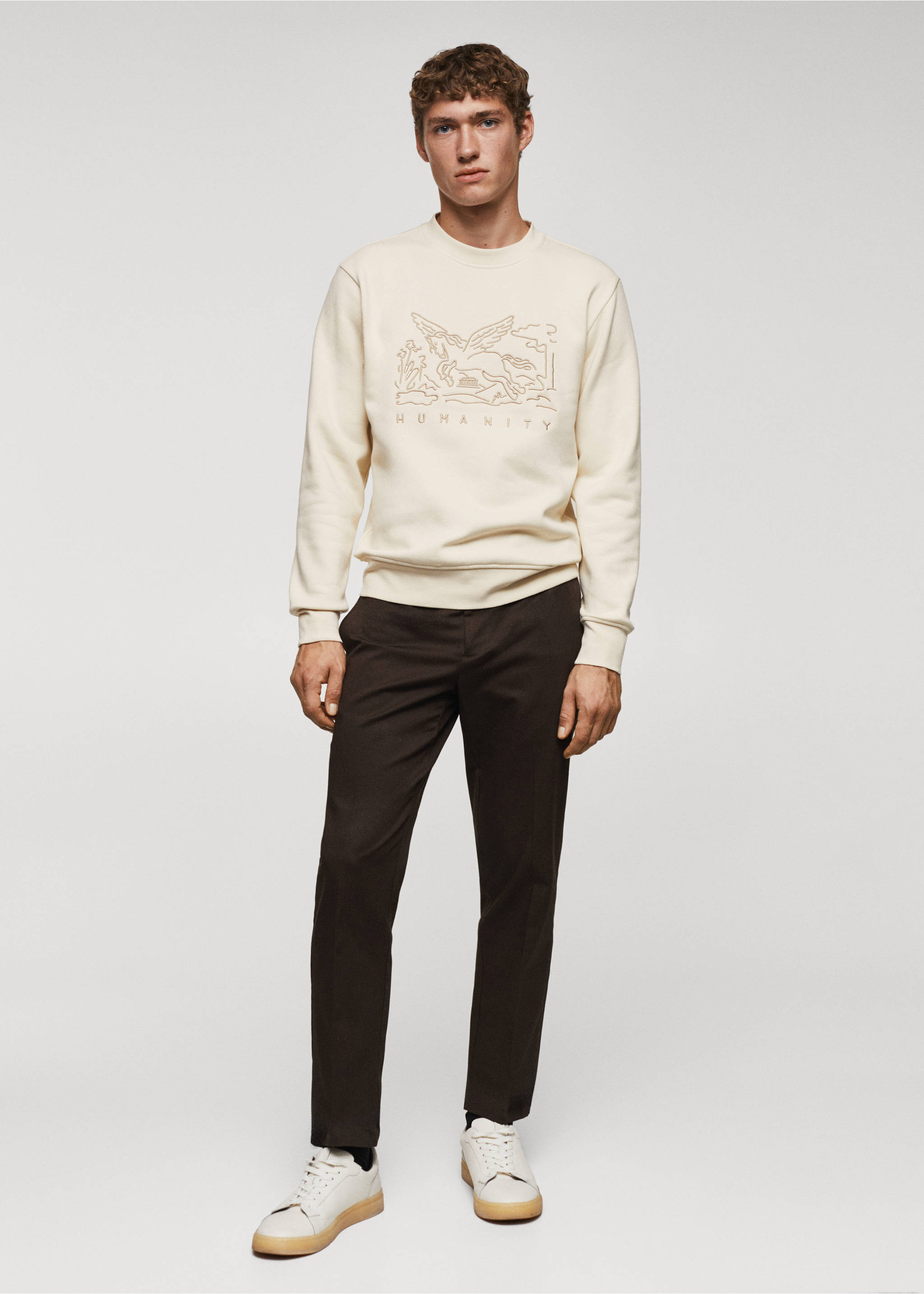 Sweat-shirt coton détails brodés - Plan général, Blanc cassé. Ref: 57077748-00.