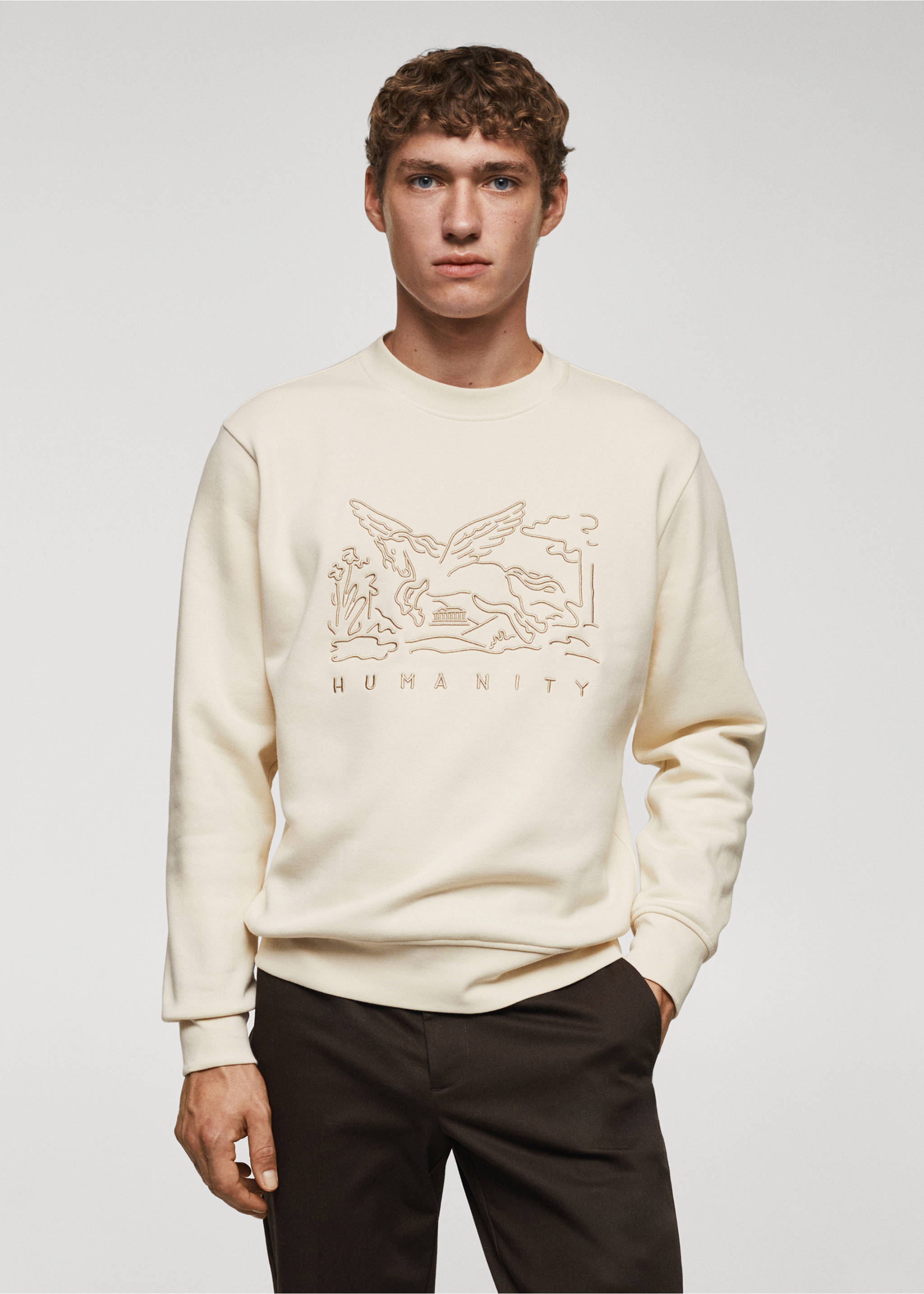 Sweat-shirt coton détails brodés - Plan moyen, Blanc cassé. Ref: 57077748-00.