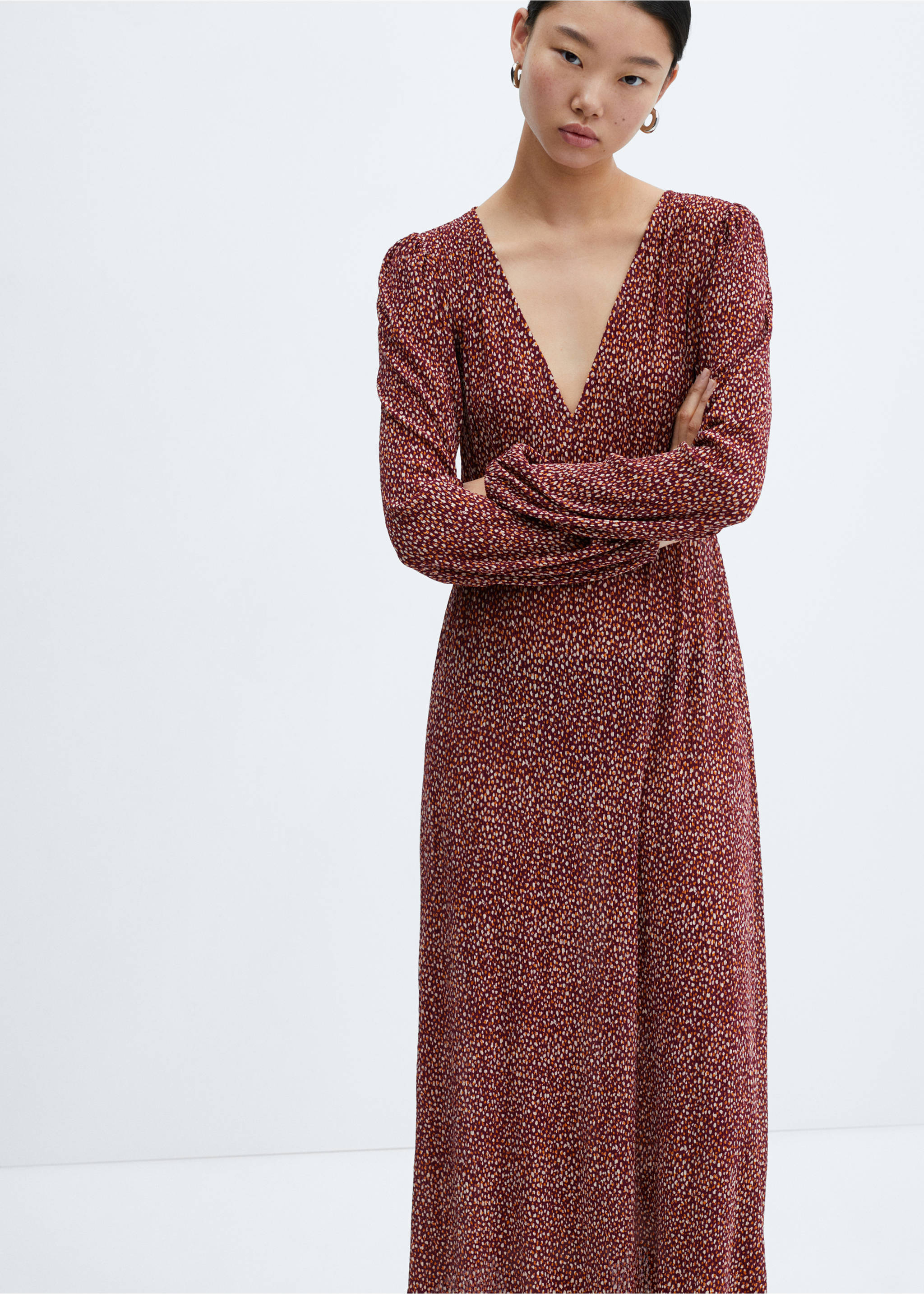 Printed textured dress - Medium plane, Maroon. Ref: 57083799-00.