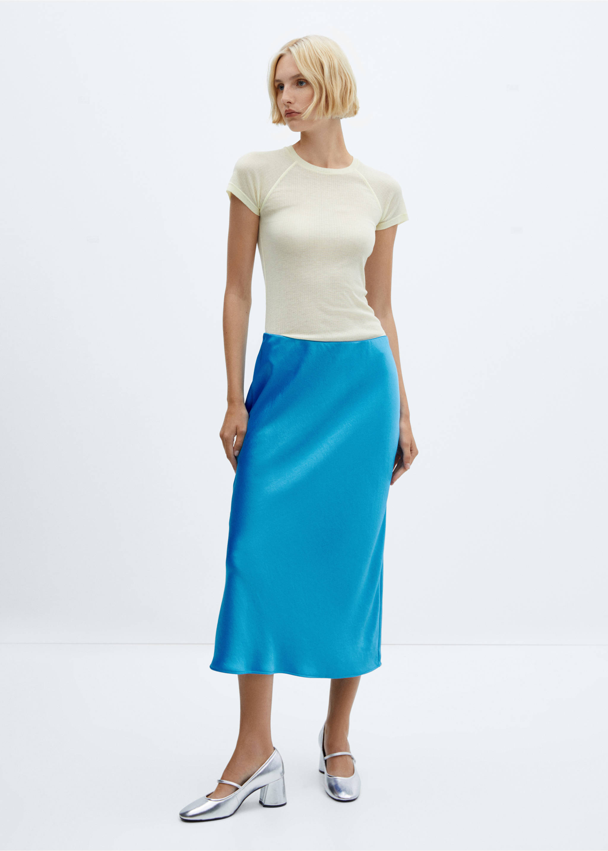 Midi satin skirt - General plane, Turquoise. Ref: 57084394-00.