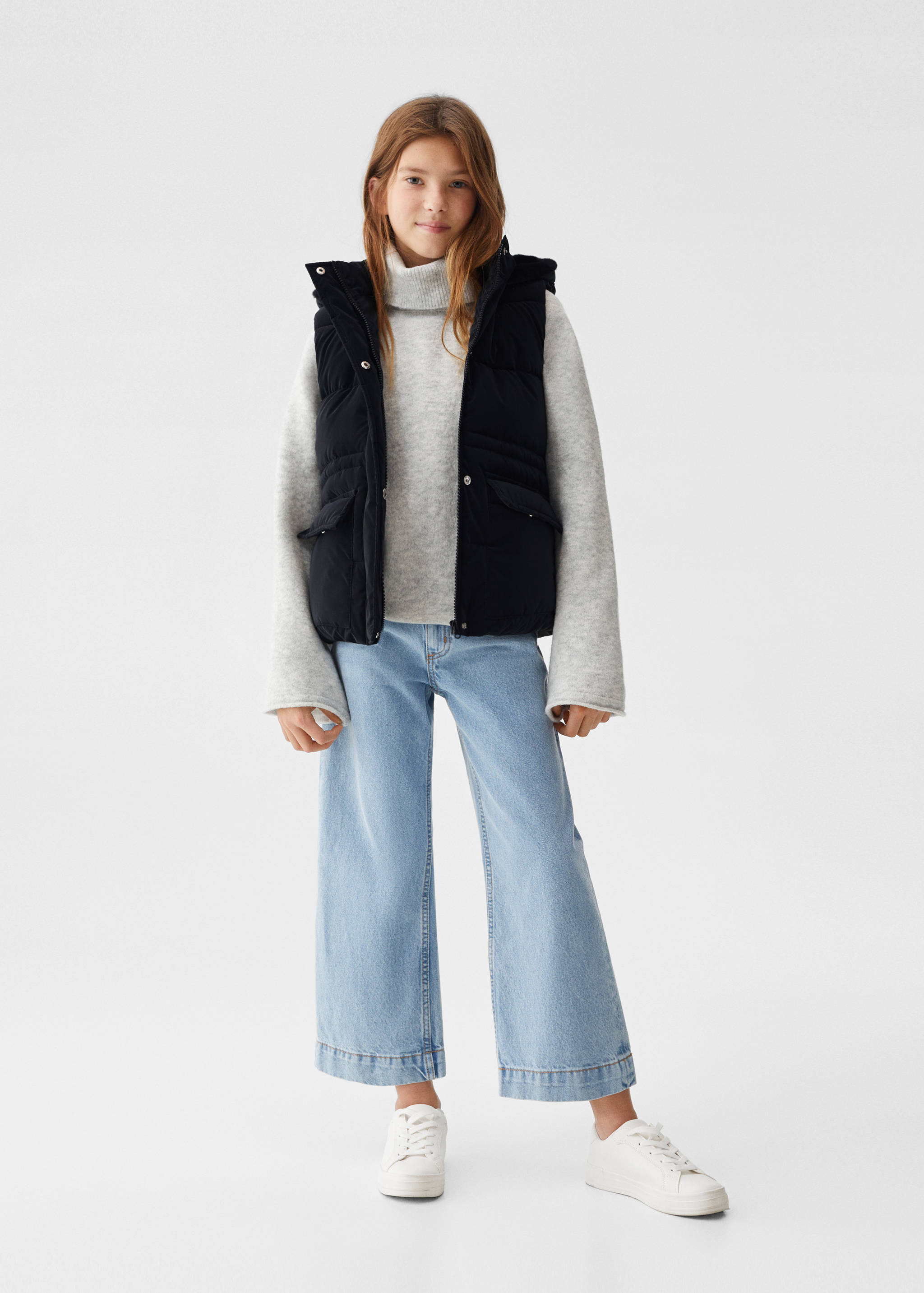 Quilted gilet with fur-effect hood - General plane