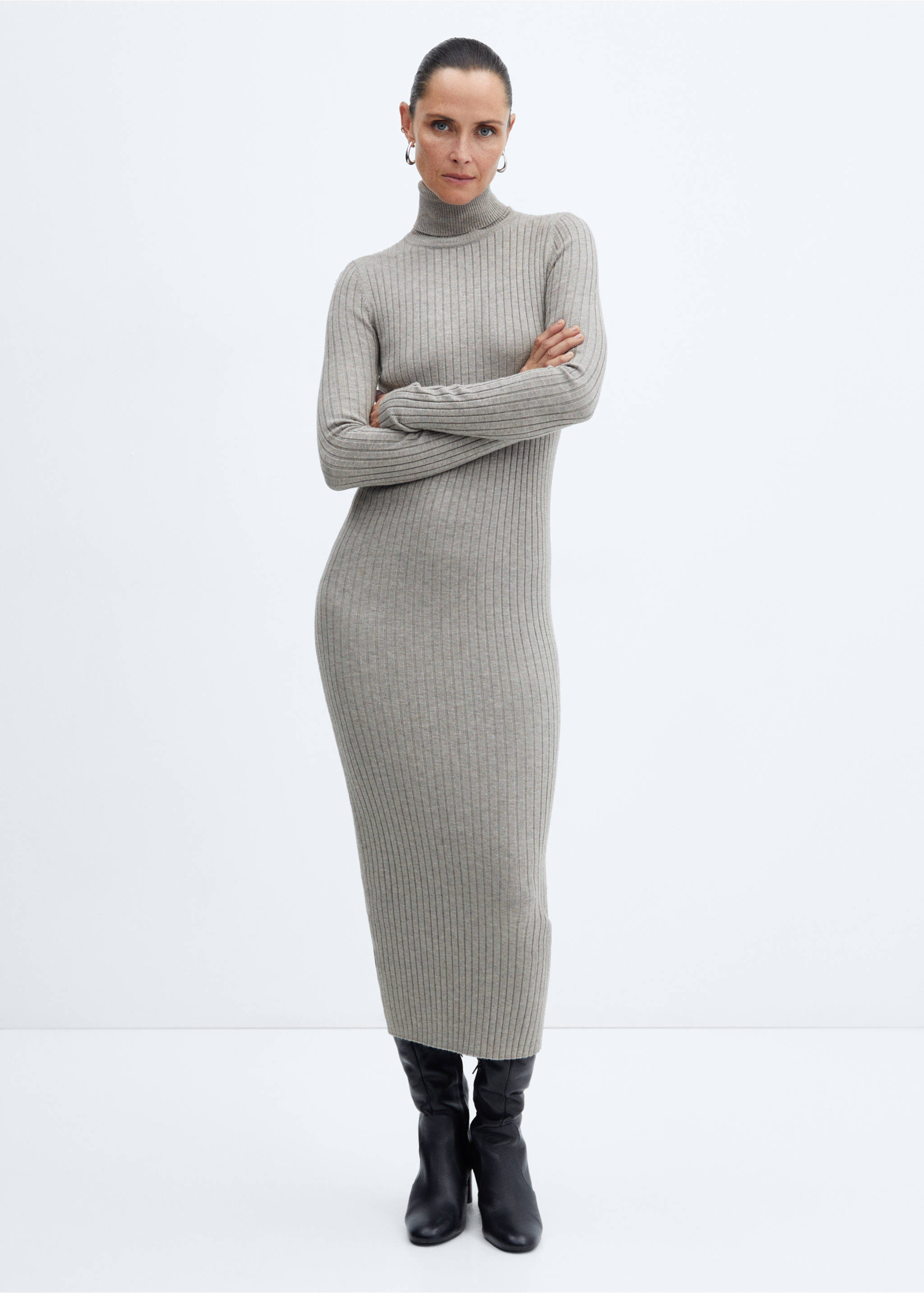 Turtleneck ribbed midi-dress - General plane, Light Heather Grey. Ref: 57087730-00.
