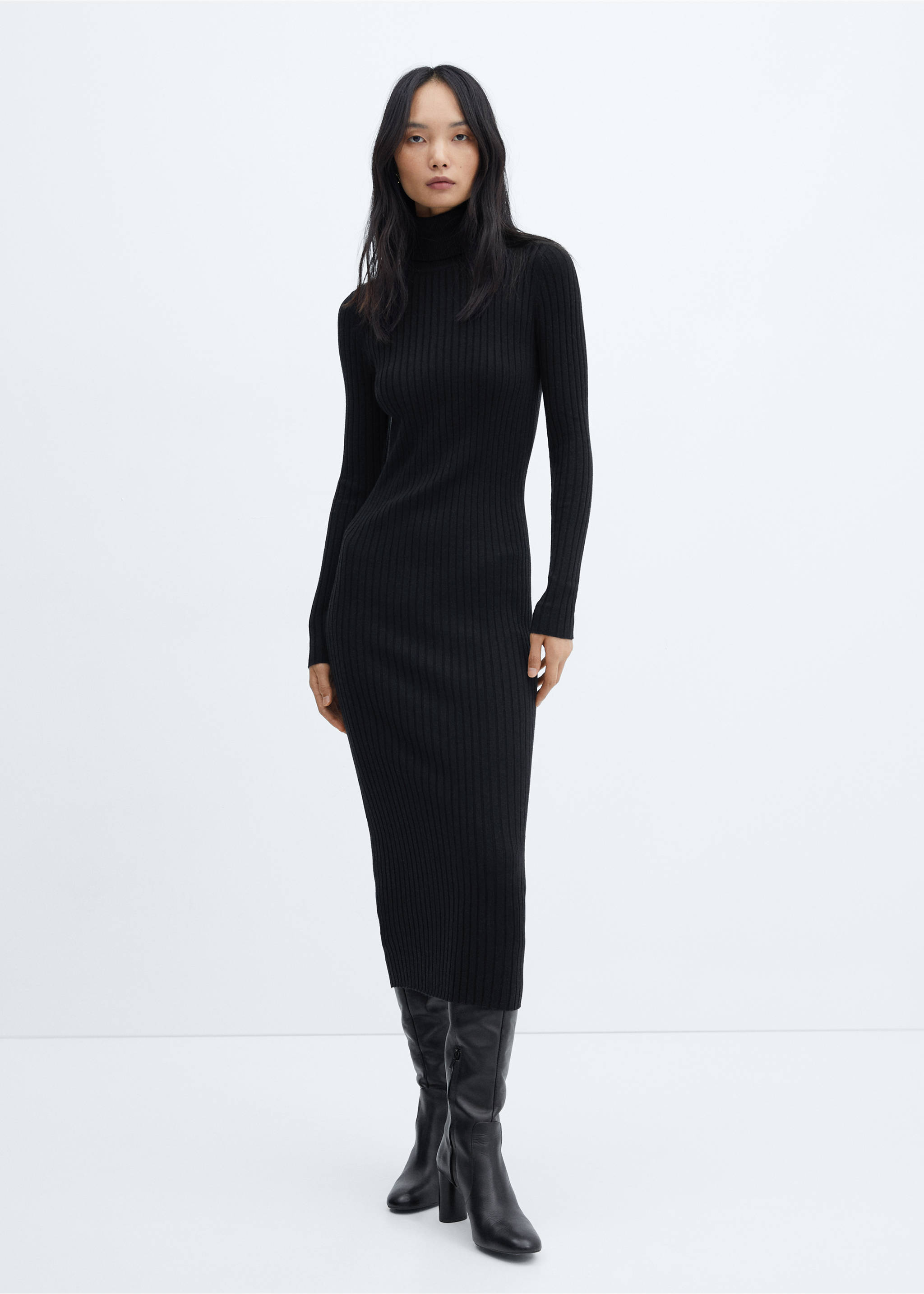 Turtleneck ribbed midi-dress - General plane, Black. Ref: 57087730-00.