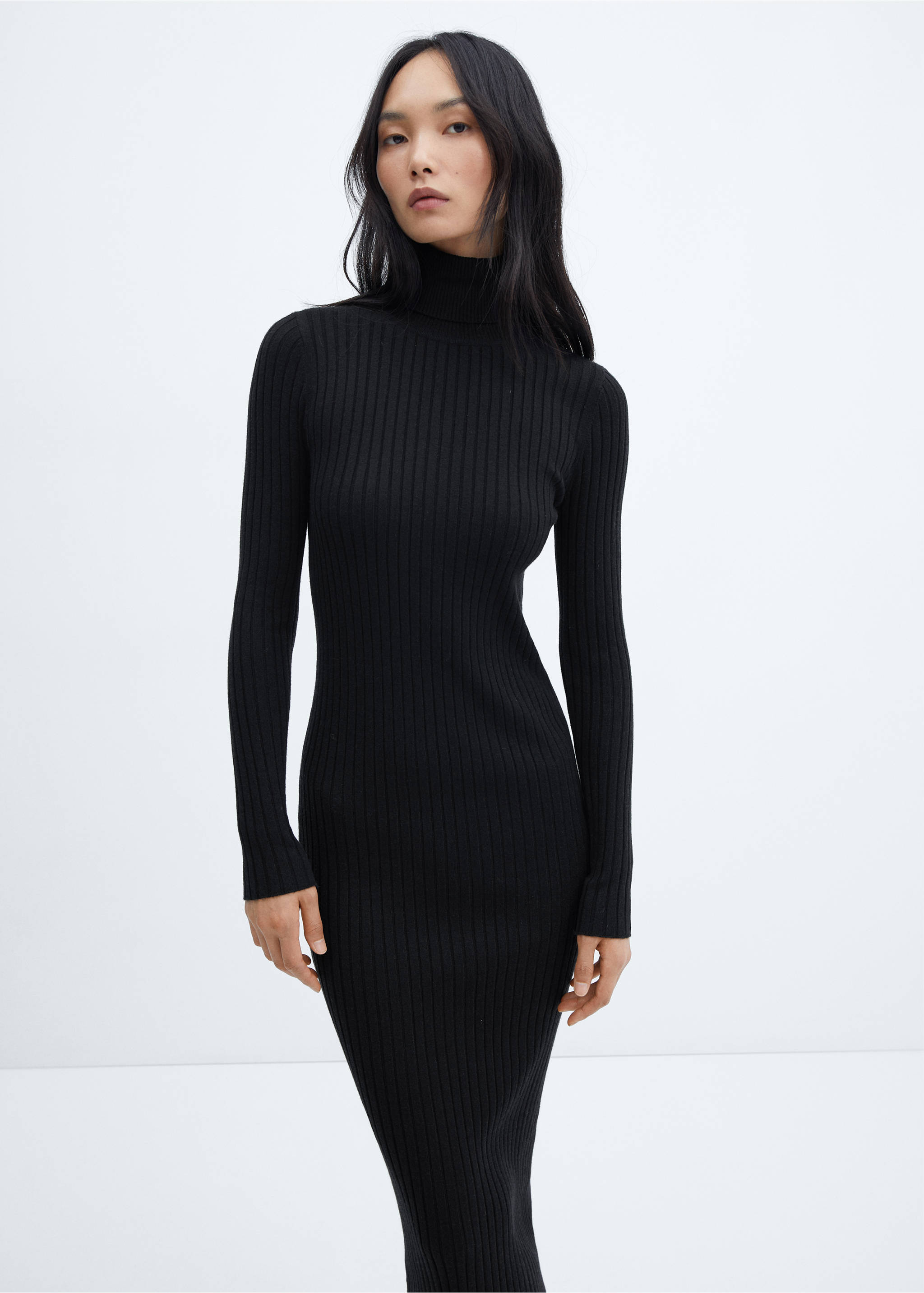 Turtleneck ribbed midi-dress - Medium plane, Black. Ref: 57087730-00.